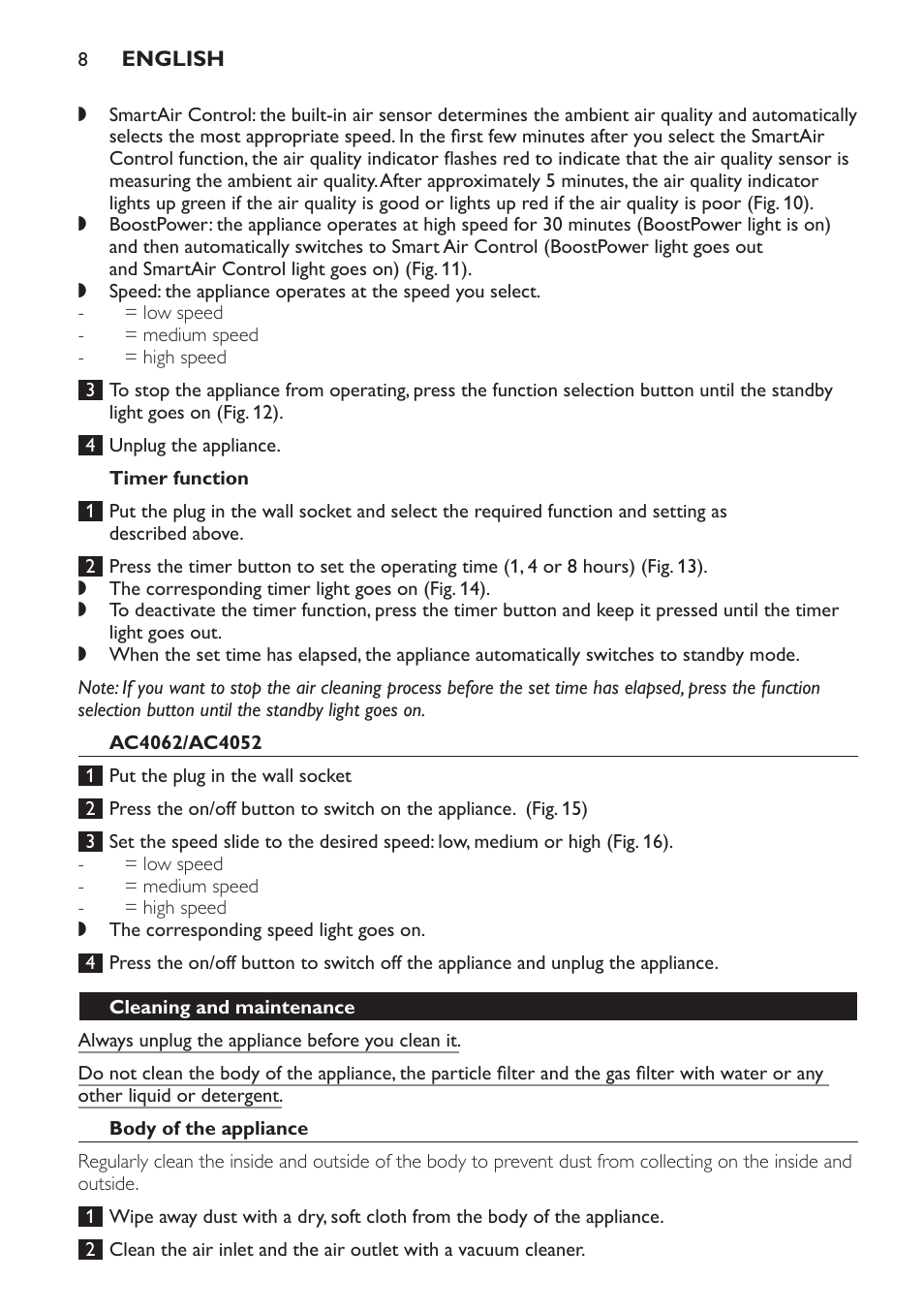 Timer function, Ac4062/ac4052, Cleaning and maintenance | Body of the appliance | Philips AC4054 User Manual | Page 8 / 100