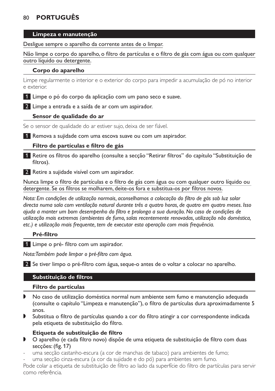 Limpeza e manutenção, Corpo do aparelho, Sensor de qualidade do ar | Filtro de partículas e filtro de gás, Pré-filtro, Substituição de filtros, Filtro de partículas, Etiqueta de substituição de filtro | Philips AC4054 User Manual | Page 80 / 100