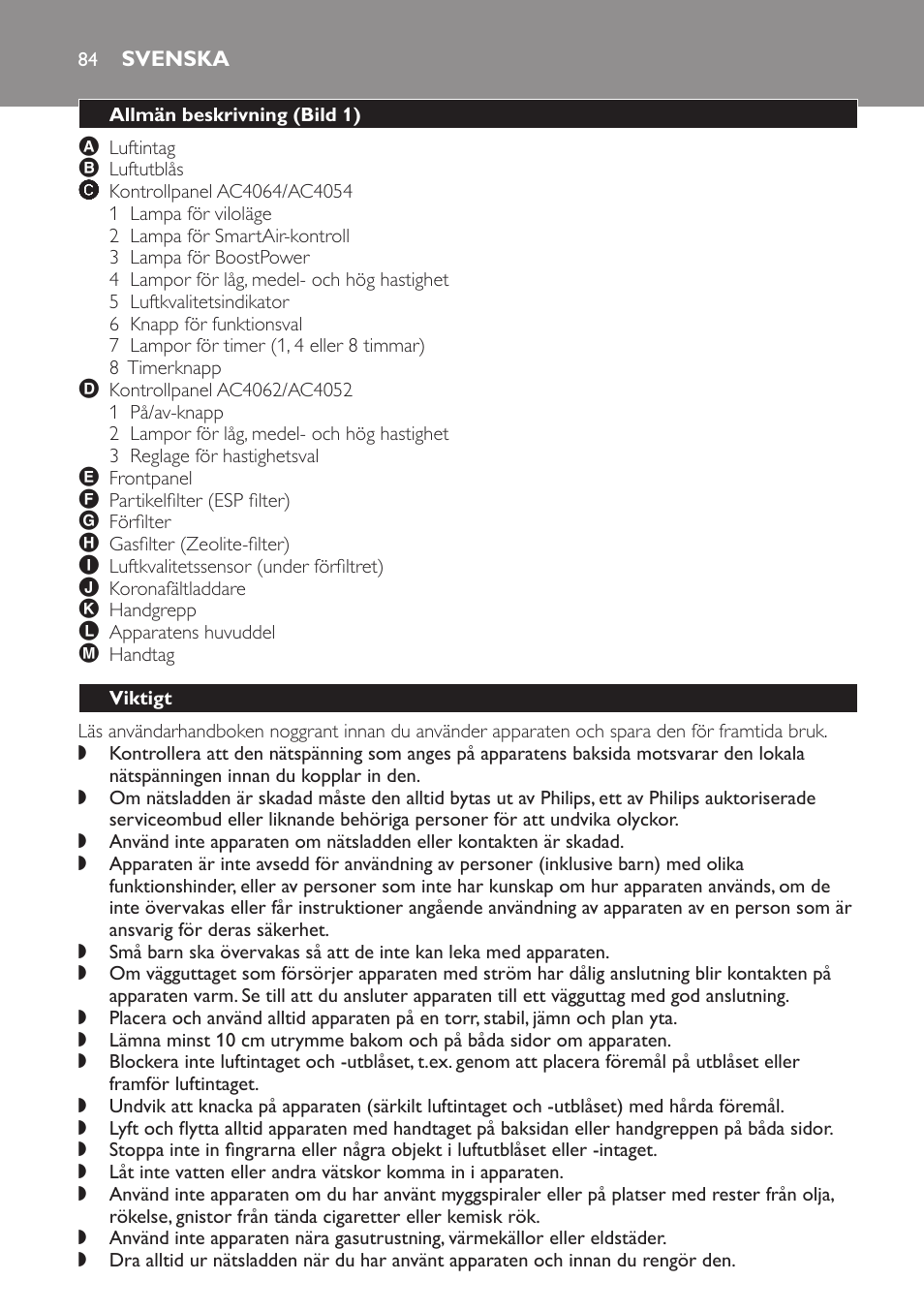 Svenska, Allmän beskrivning (bild 1), Viktigt | Philips AC4054 User Manual | Page 84 / 100