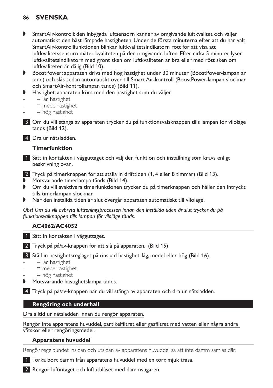 Timerfunktion, Ac4062/ac4052, Rengöring och underhåll | Apparatens huvuddel | Philips AC4054 User Manual | Page 86 / 100