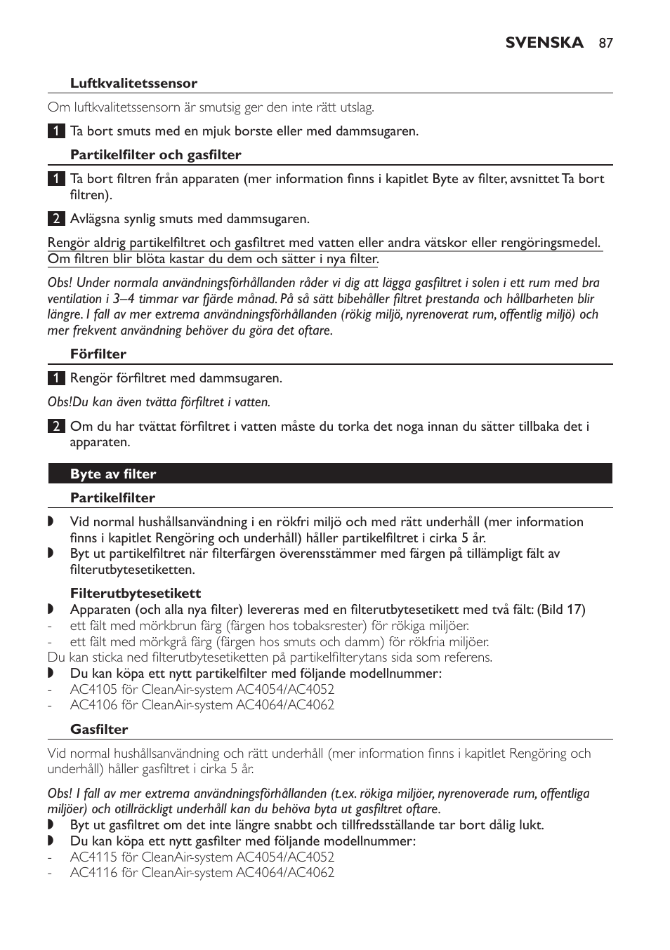 Luftkvalitetssensor, Partikelfilter och gasfilter, Förfilter | Byte av filter, Partikelfilter, Filterutbytesetikett, Gasfilter | Philips AC4054 User Manual | Page 87 / 100