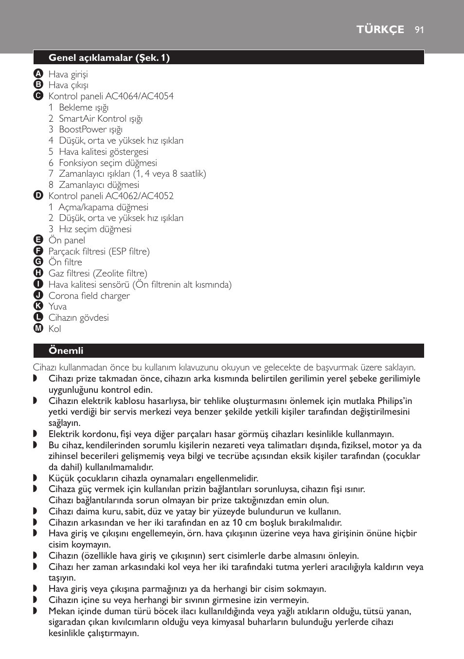 Türkçe, Genel açıklamalar (şek. 1), Önemli | Philips AC4054 User Manual | Page 91 / 100