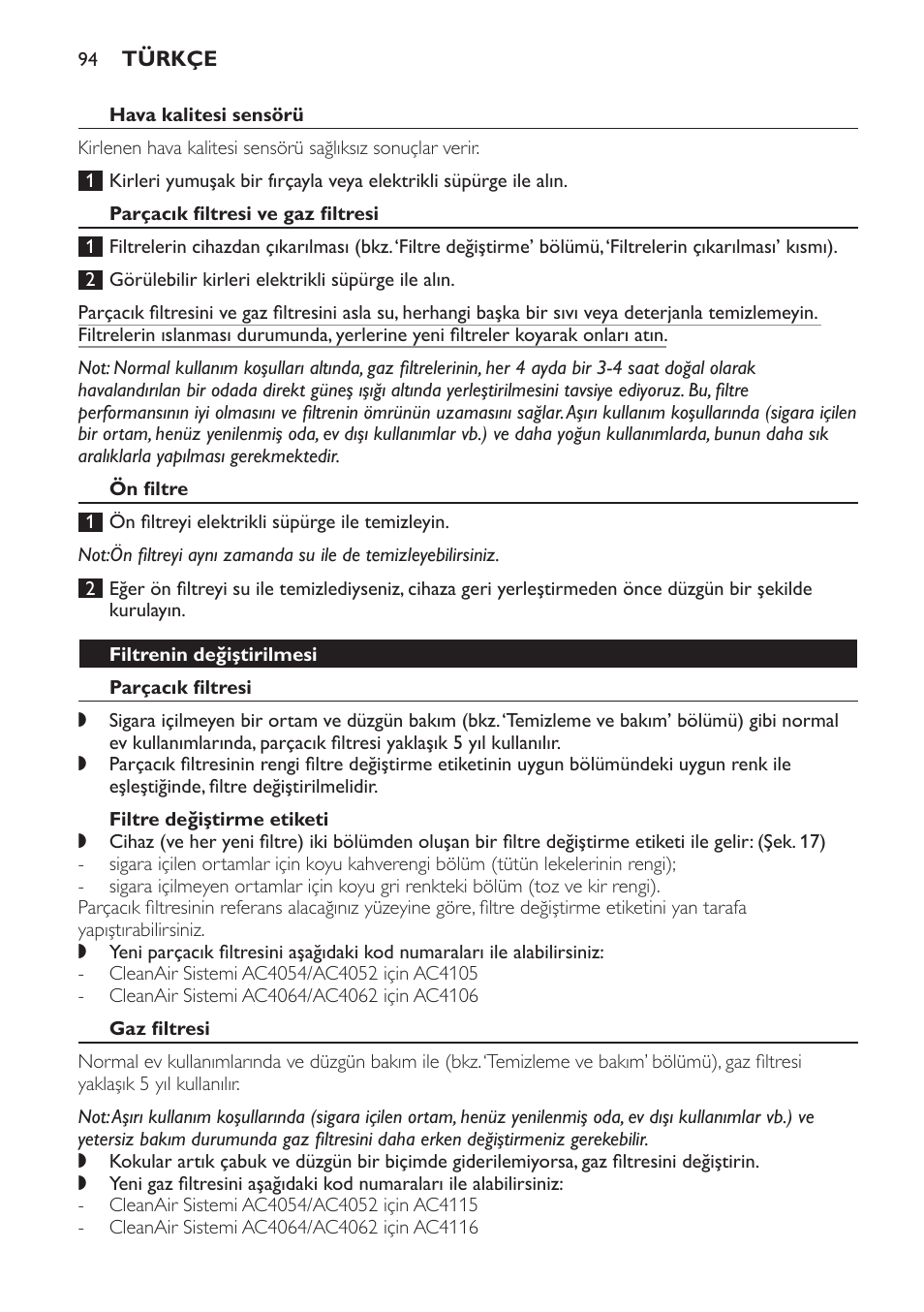 Hava kalitesi sensörü, Parçacık filtresi ve gaz filtresi, Ön filtre | Filtrenin değiştirilmesi, Parçacık filtresi, Filtre değiştirme etiketi, Gaz filtresi | Philips AC4054 User Manual | Page 94 / 100