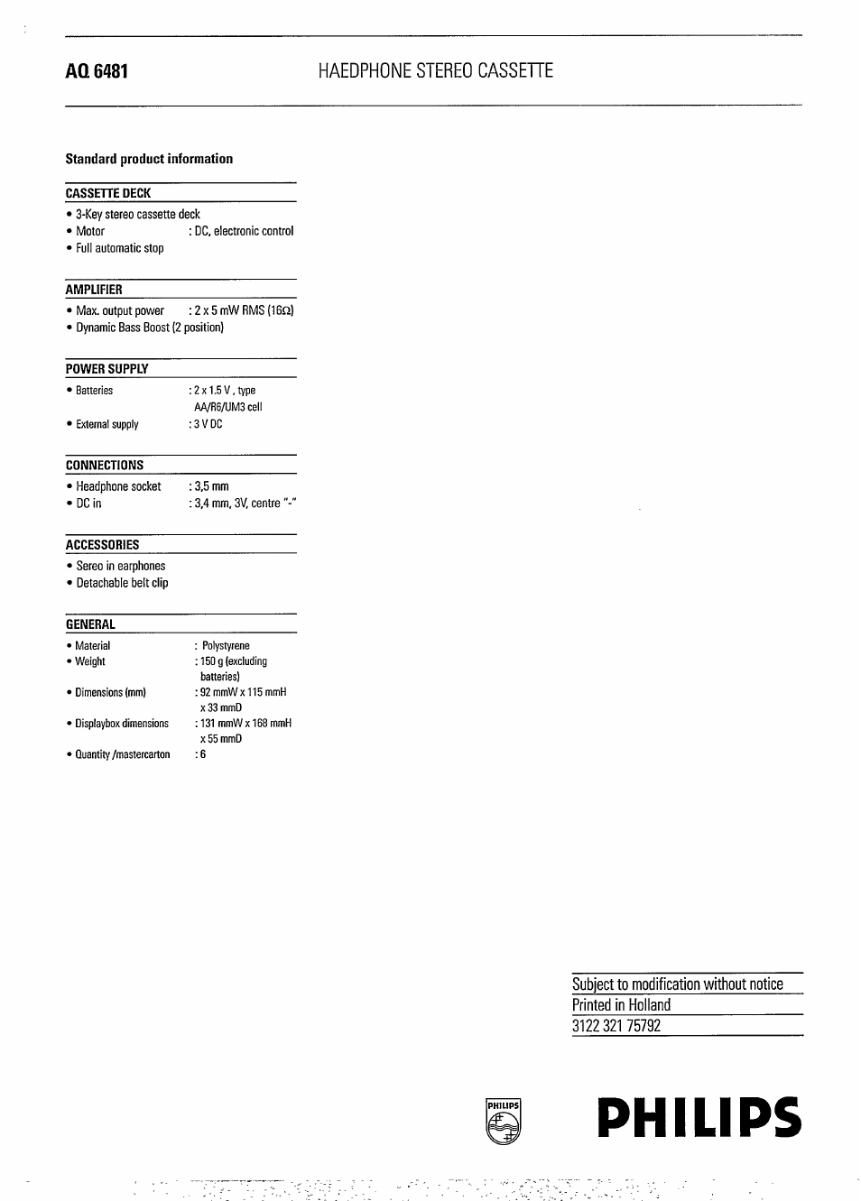 Cassene deck, Amplifier, Power supply | Connections, Accessories, General, Philips, Aq6481, Haedphone stereo cassehe | Philips AQ 6481/01P User Manual | Page 2 / 2