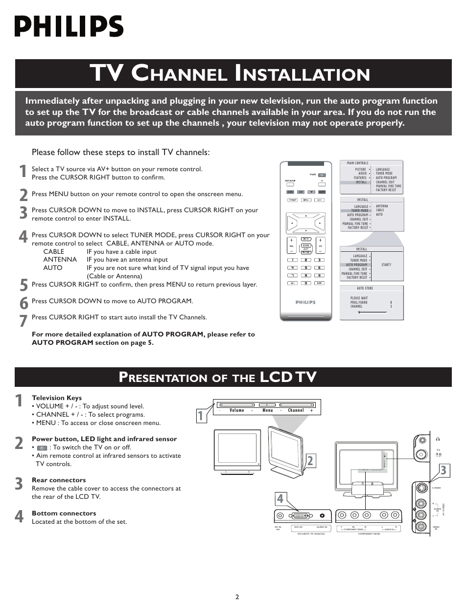 Tv c, Quick use and hookup guide, Hannel | Nstallation, Lcd tv, Resentation, Please follow these steps to install tv channels | Philips 15PF5120/28B User Manual | Page 2 / 8