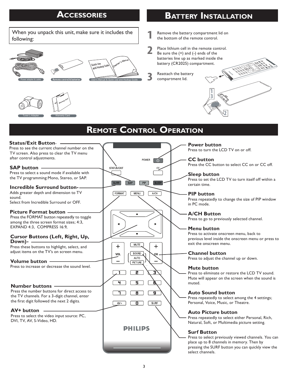 Attery, Nstallation, Emote | Ontrol, Peration, Ccessories | Philips 15PF5120/28B User Manual | Page 3 / 8