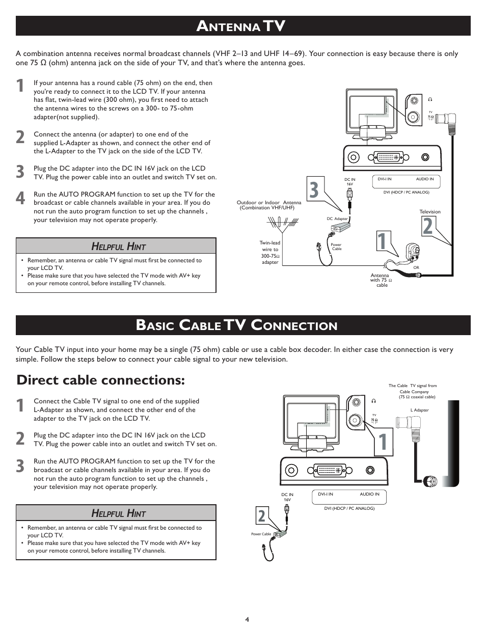 Tv c, Direct cable connections, Ntenna | Asic, Able, Onnection | Philips 15PF5120/28B User Manual | Page 4 / 8