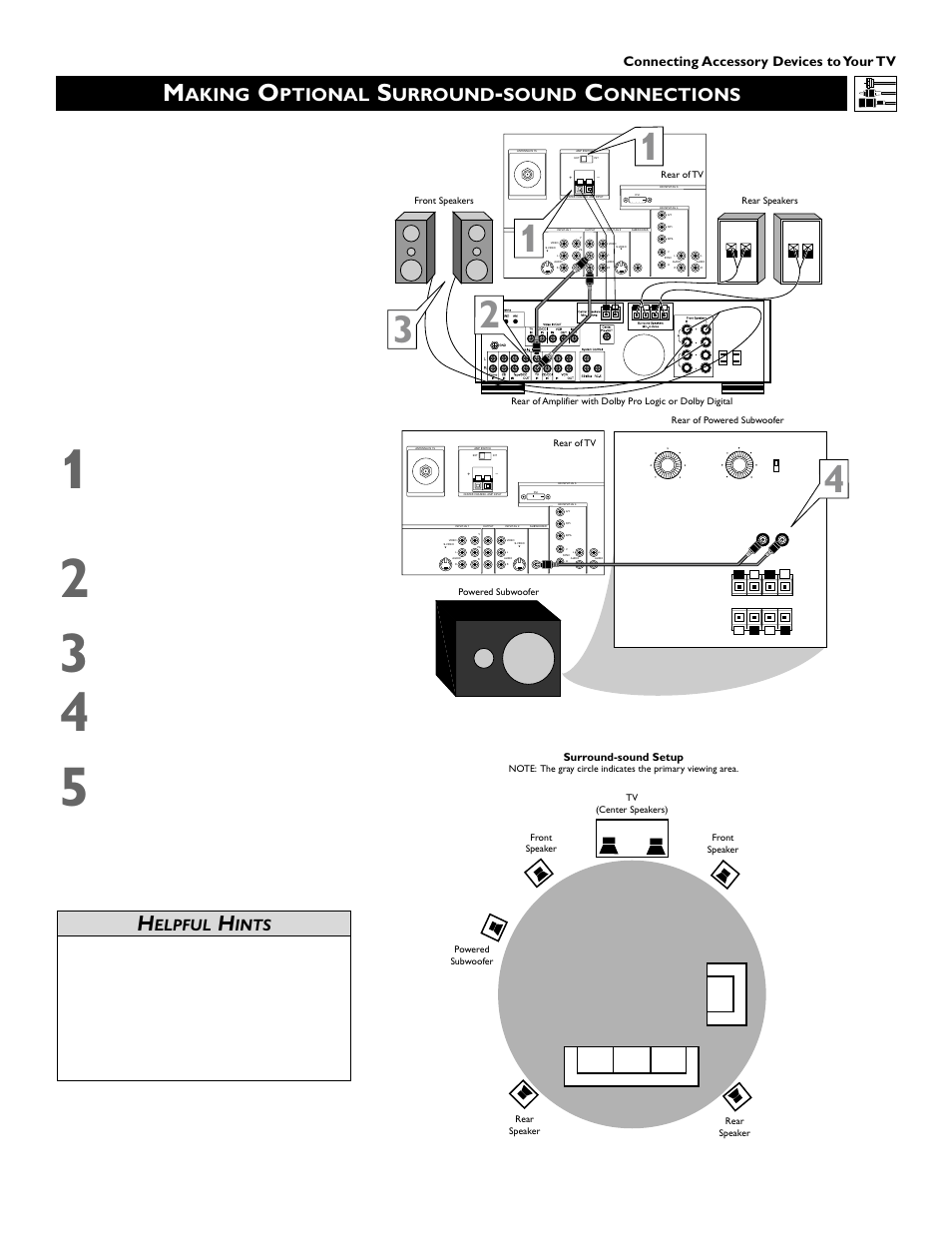 Aking, Ptional, Urround | Sound, Onnections, Elpful, Ints, Connecting accessory devices to your tv | Philips 60PW9383 User Manual | Page 11 / 72