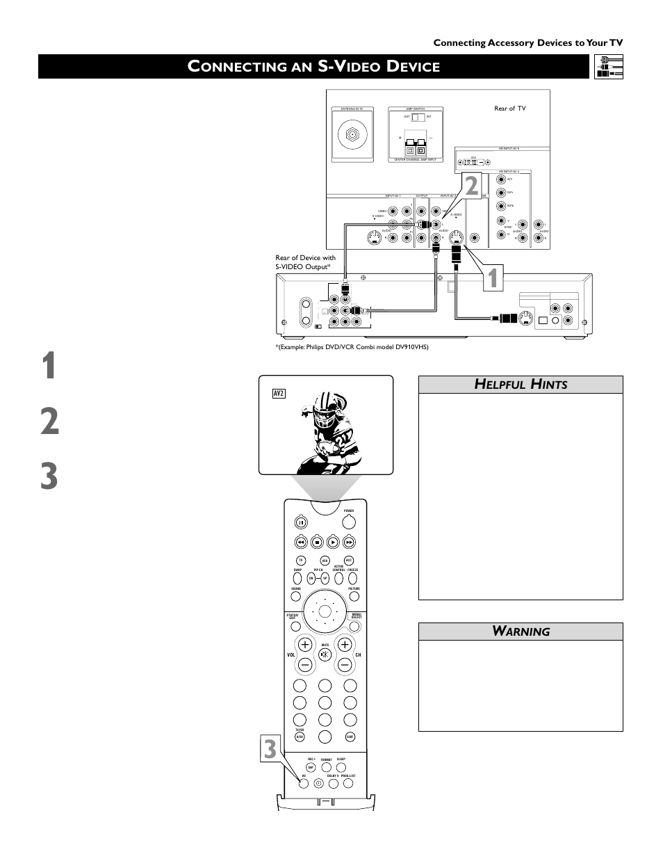 Onnecting an, Ideo, Evice | Elpful, Ints, Arning, Connecting accessory devices to your tv | Philips 60PW9383 User Manual | Page 13 / 72