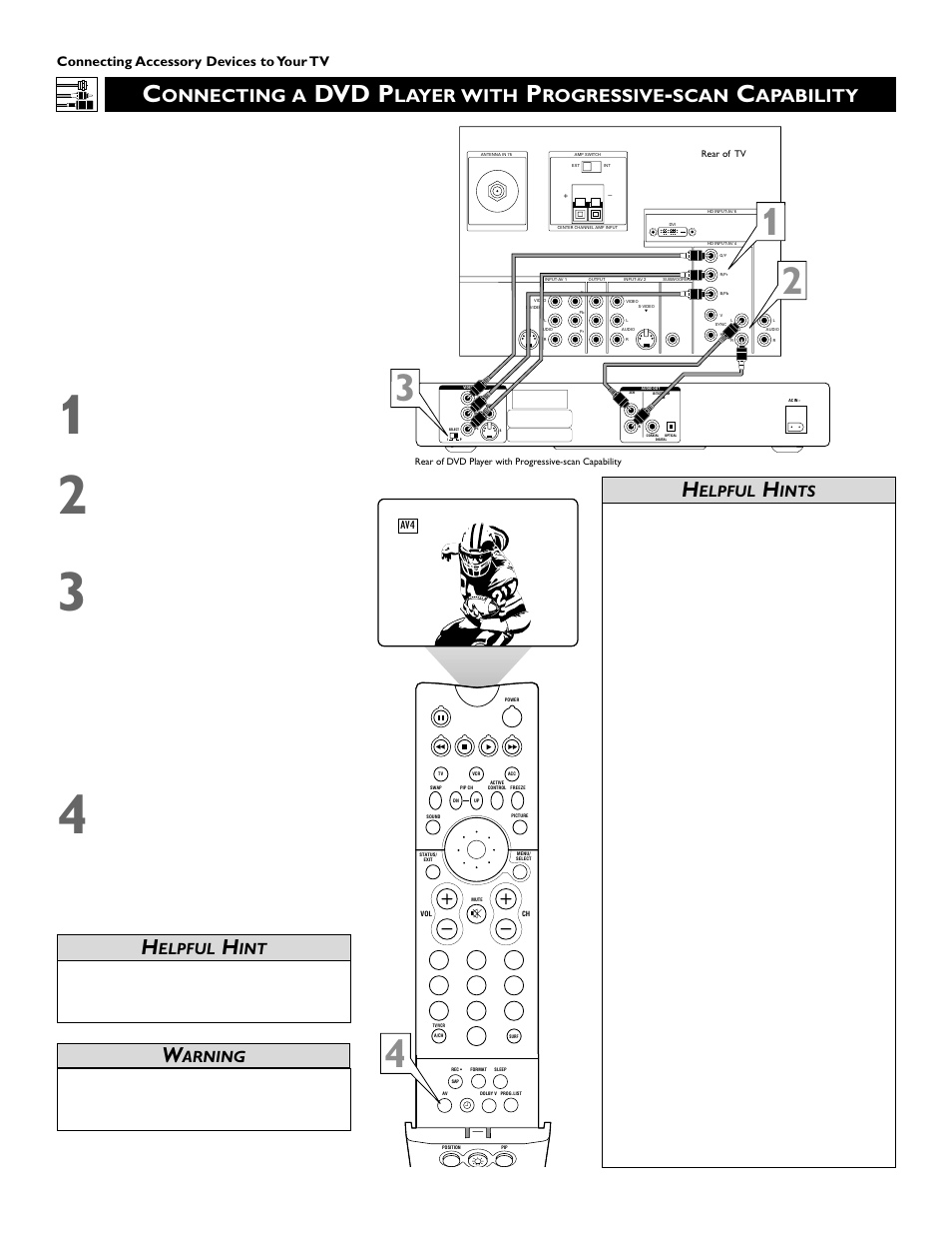 Dvd p, Onnecting a, Layer with | Rogressive, Scan, Apability, Elpful, Arning, Ints, Connecting accessory devices to your tv | Philips 60PW9383 User Manual | Page 14 / 72