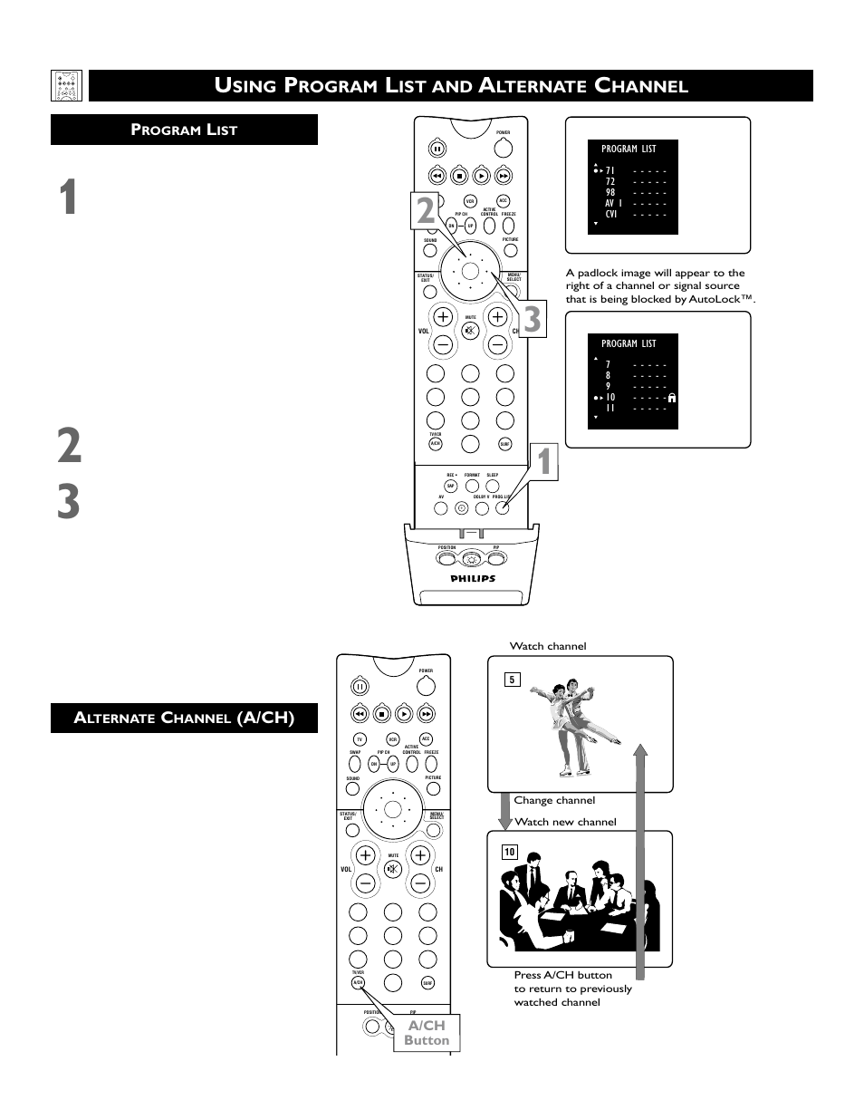 A/ch), Sing, Rogram | Ist and, Lternate, Hannel, A/ch button | Philips 60PW9383 User Manual | Page 28 / 72