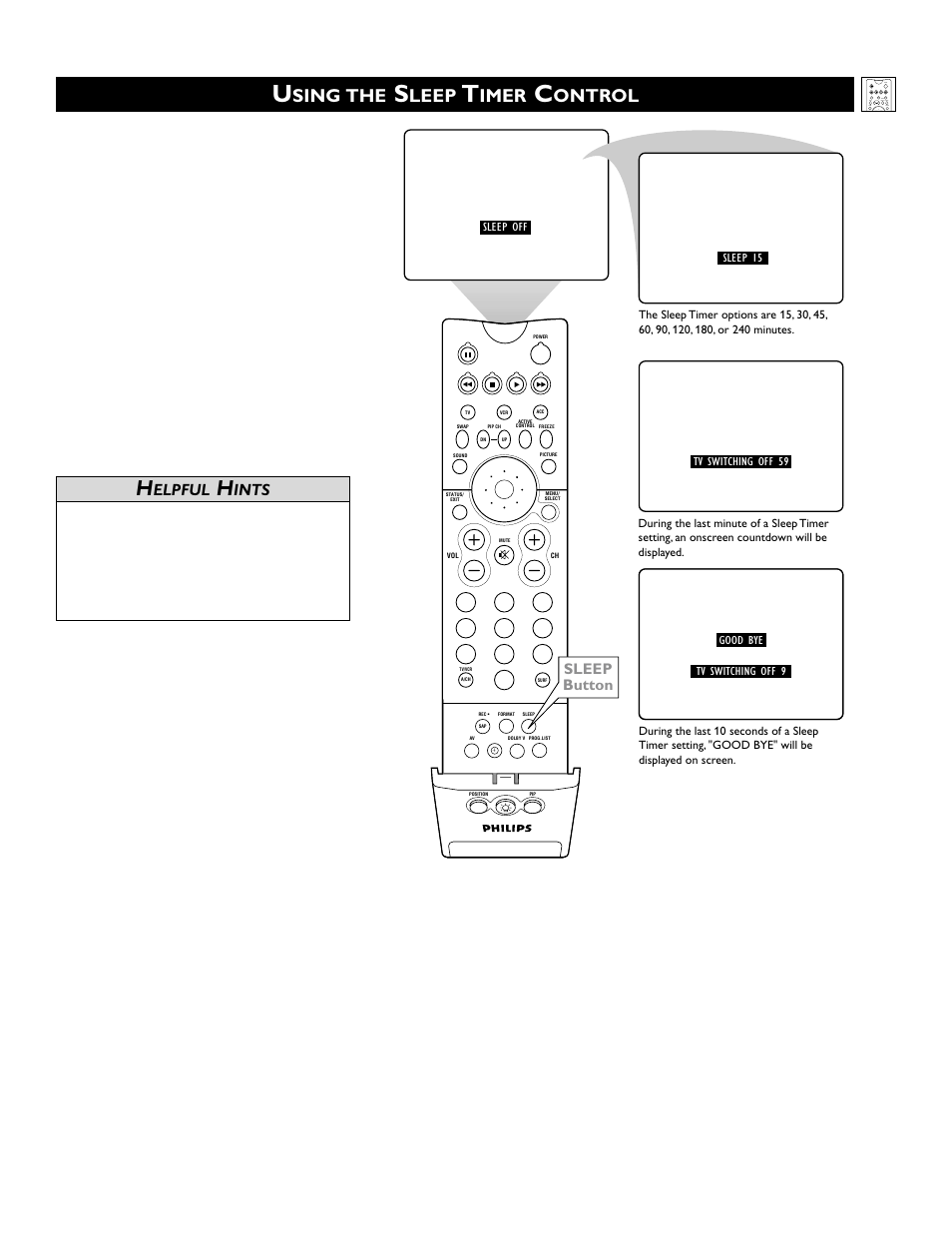 Sing the, Leep, Imer | Ontrol, Elpful, Ints | Philips 60PW9383 User Manual | Page 29 / 72