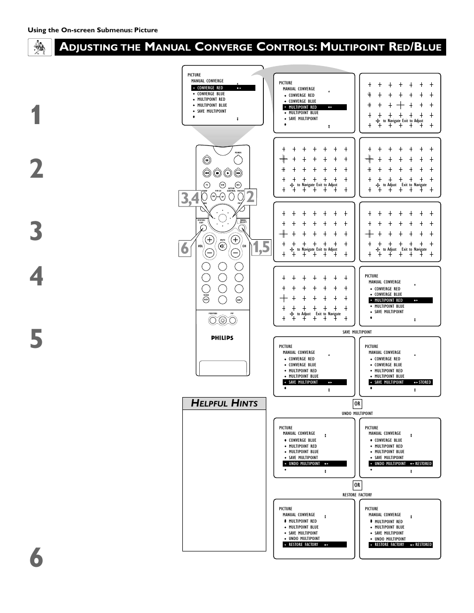 Djusting the, Anual, Onverge | Ontrols, Ultipoint | Philips 60PW9383 User Manual | Page 34 / 72
