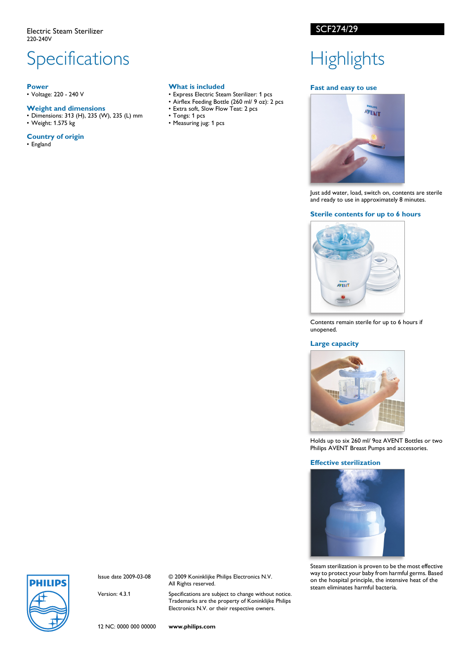 Specifications, Highlights | Philips Avent SCF274/29 User Manual | Page 2 / 2