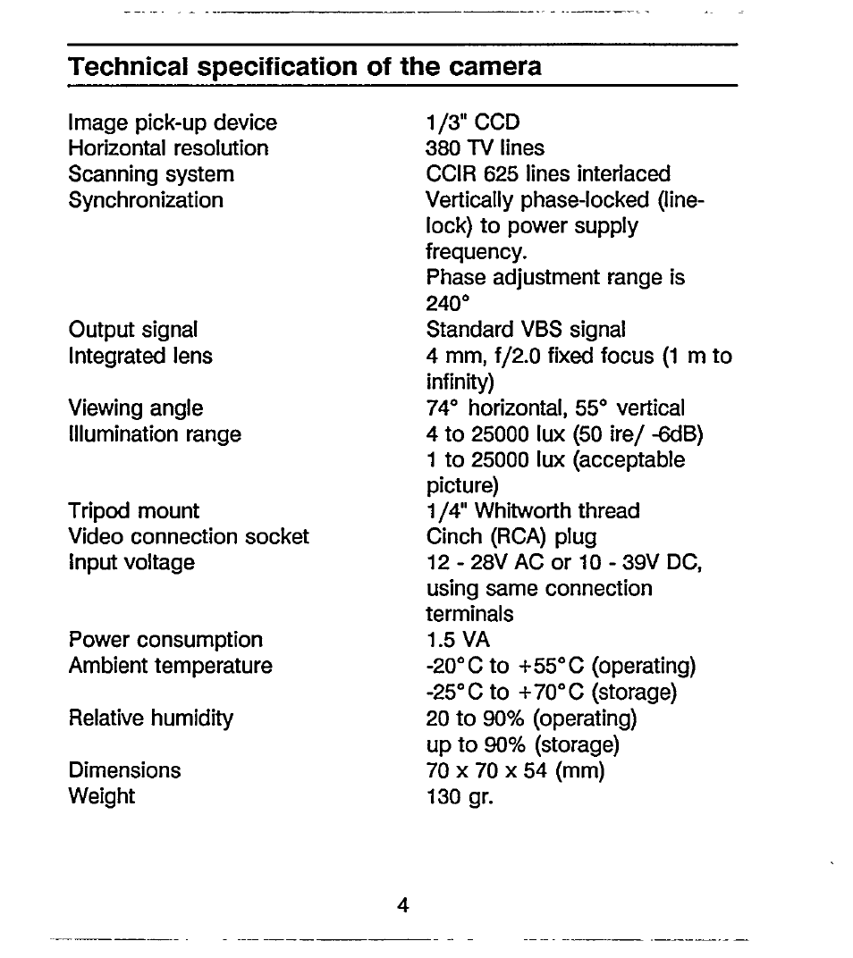 Technical specification of the camera | Philips VCM 6110/00T User Manual | Page 7 / 10
