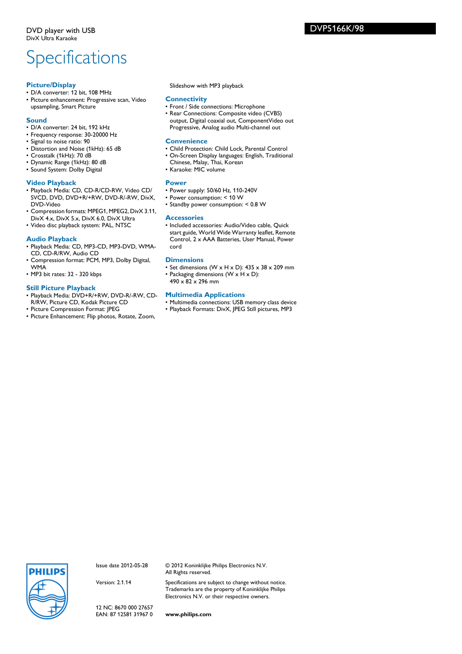 Specifications | Philips DivX Ultra DVP5166K/98 User Manual | Page 3 / 3