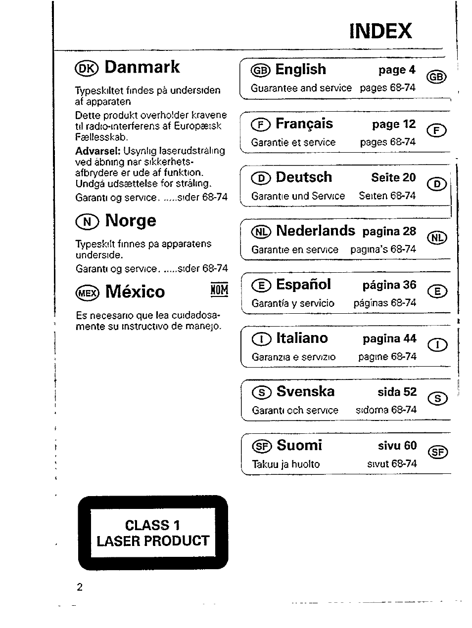 Danmark, Norge, México hom | Index, 0) english, Ce> français page 12, Deutsch, Cd svenska (d imederlands, Español, Cd italiano | Philips AZ6808/17 User Manual | Page 2 / 22