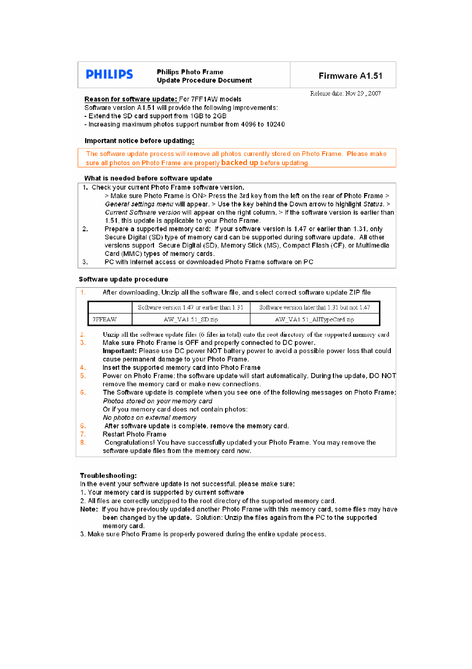 Philips FIRMWARE A1.51 User Manual | 1 page