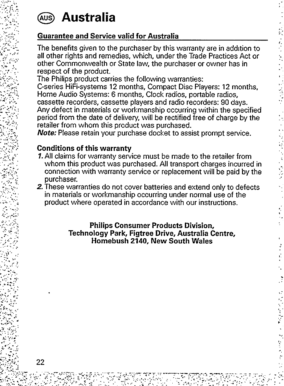 Australia, Guarantee and service valid for australia, Conditions of this warranty | Philips AQ6524/00Z User Manual | Page 8 / 10