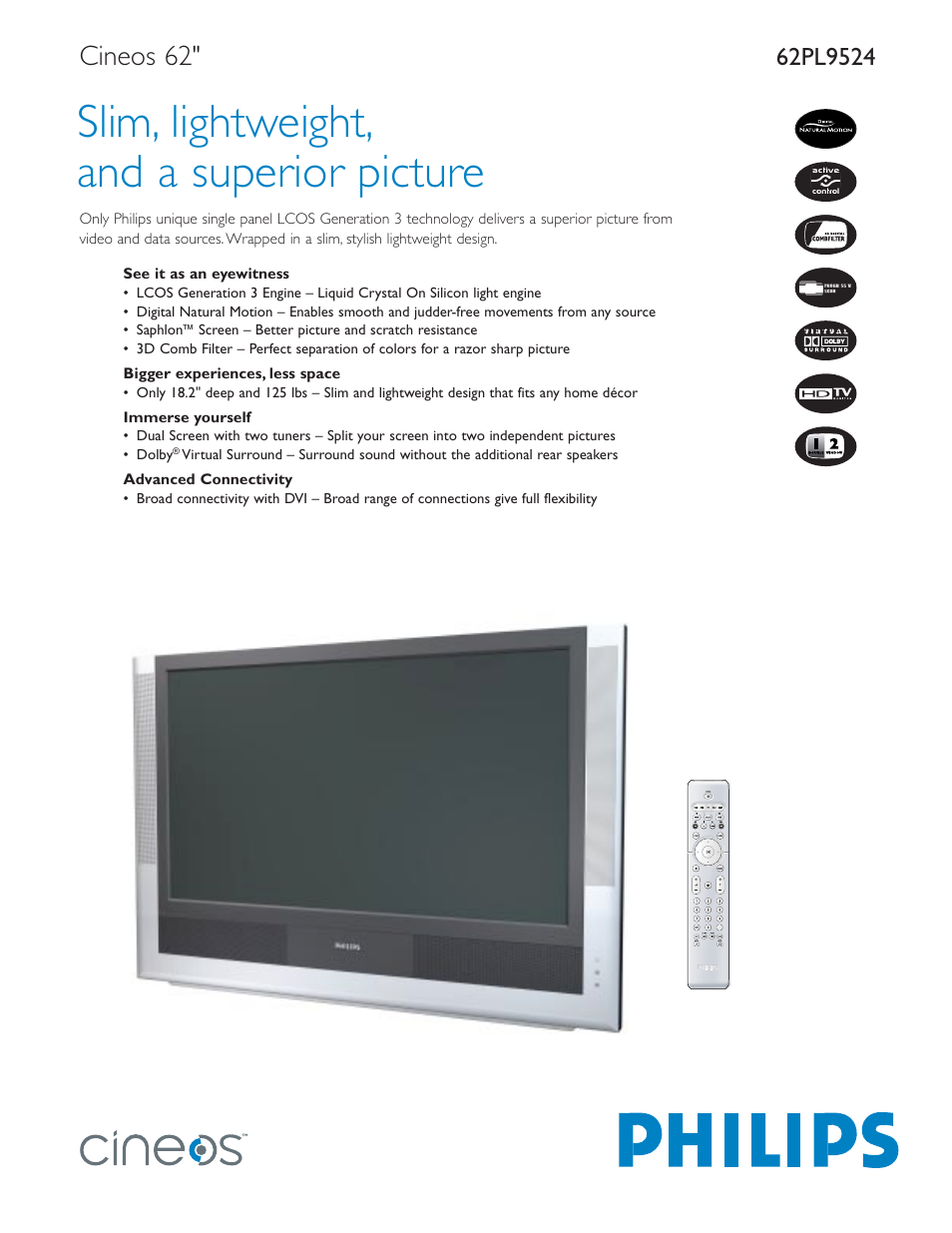 Philips Cineos 62PL9524 User Manual | 2 pages