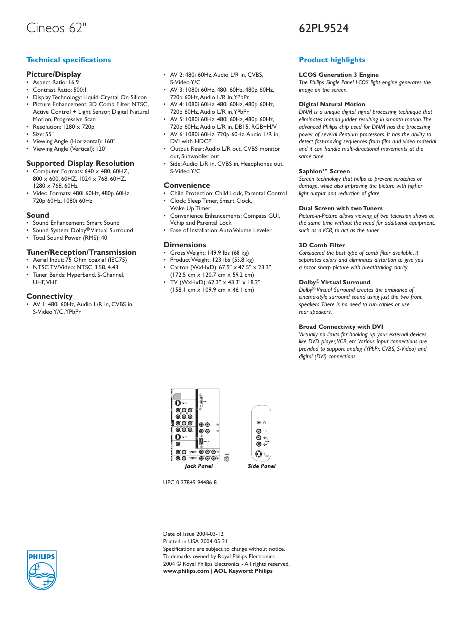 Cineos 62 | Philips Cineos 62PL9524 User Manual | Page 2 / 2