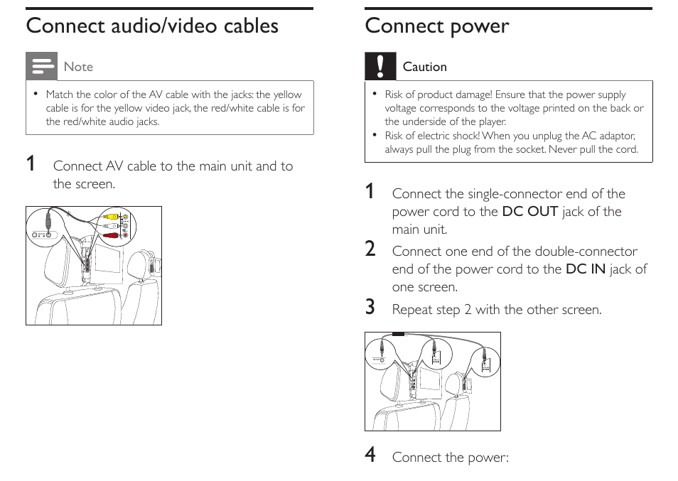 Connect audio/video cables, Connect power | Philips PET712/12 User Manual | Page 16 / 29