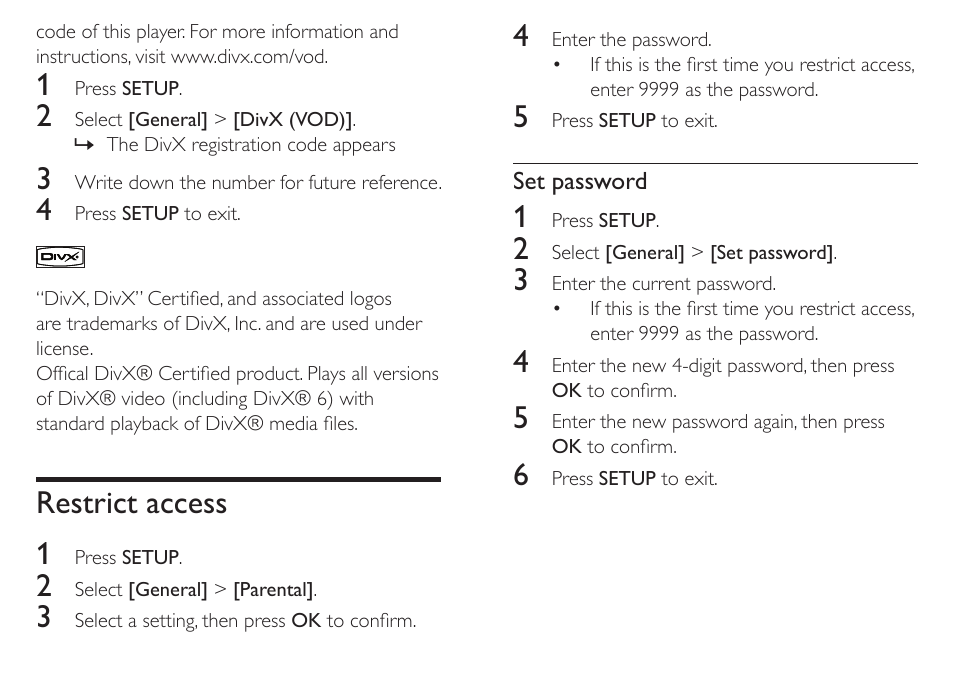 Restrict access, Set password, Restrict access 1 | Philips PET712/12 User Manual | Page 23 / 29