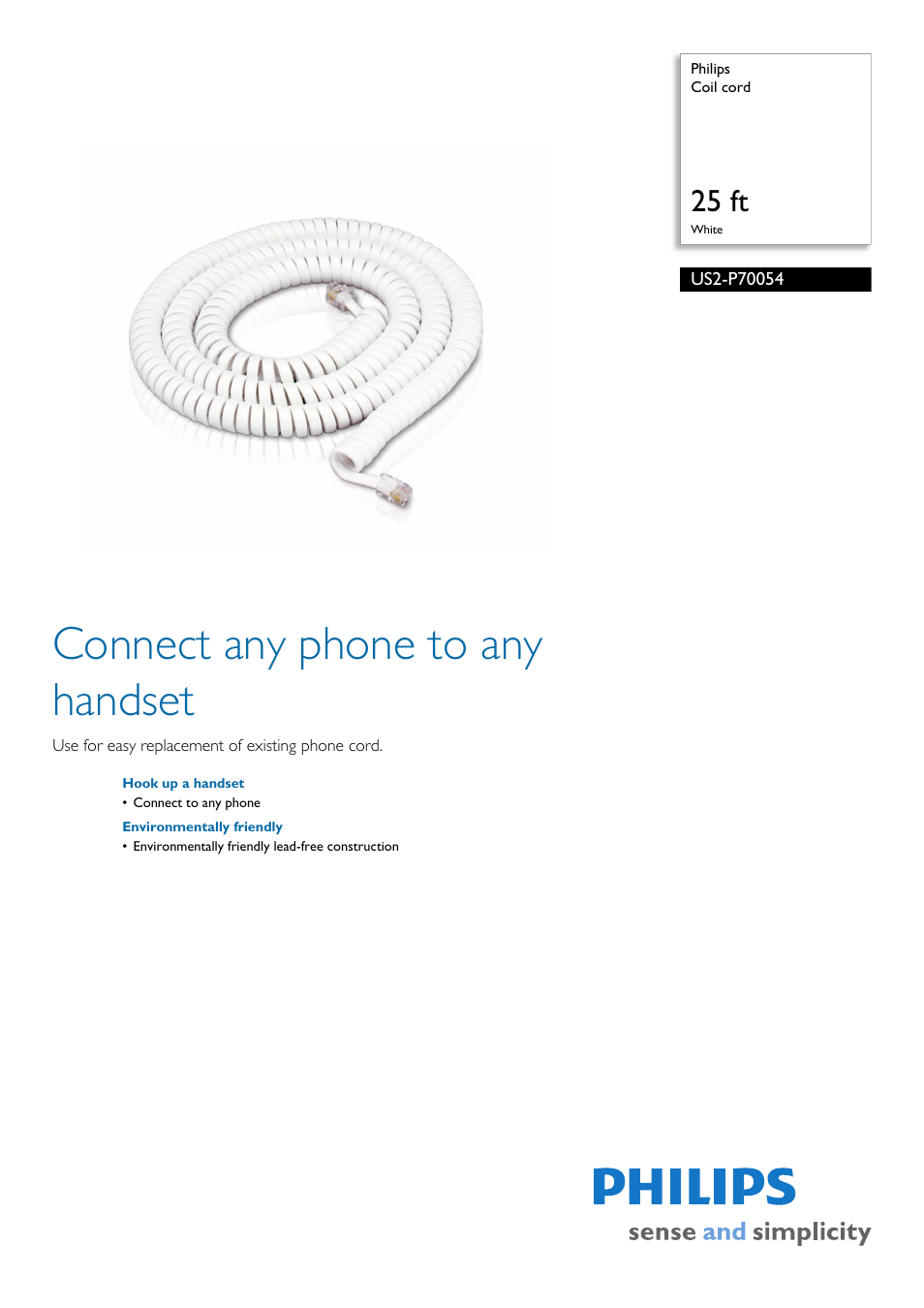 Philips Coil Cord US2-P70054 User Manual | 2 pages