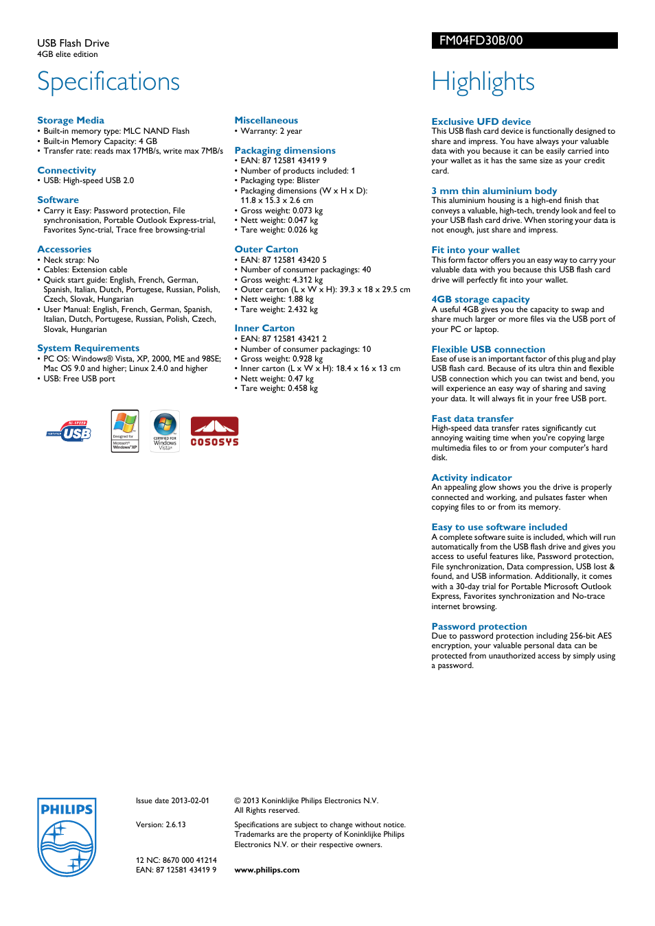 Specifications, Highlights | Philips FM04FD30B User Manual | Page 2 / 2