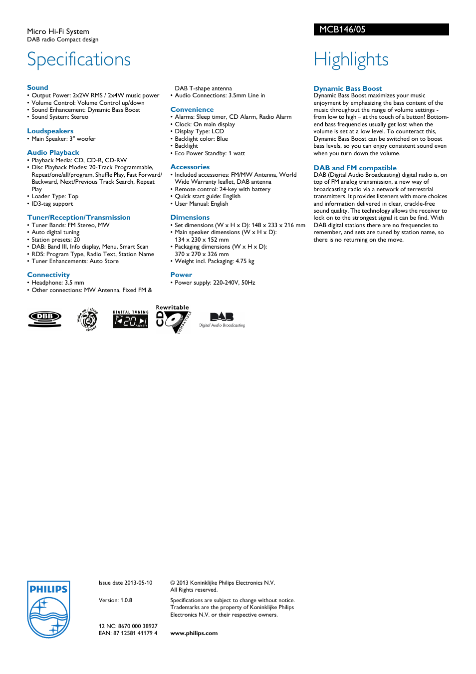 Specifications, Highlights | Philips MCB146 User Manual | Page 2 / 2