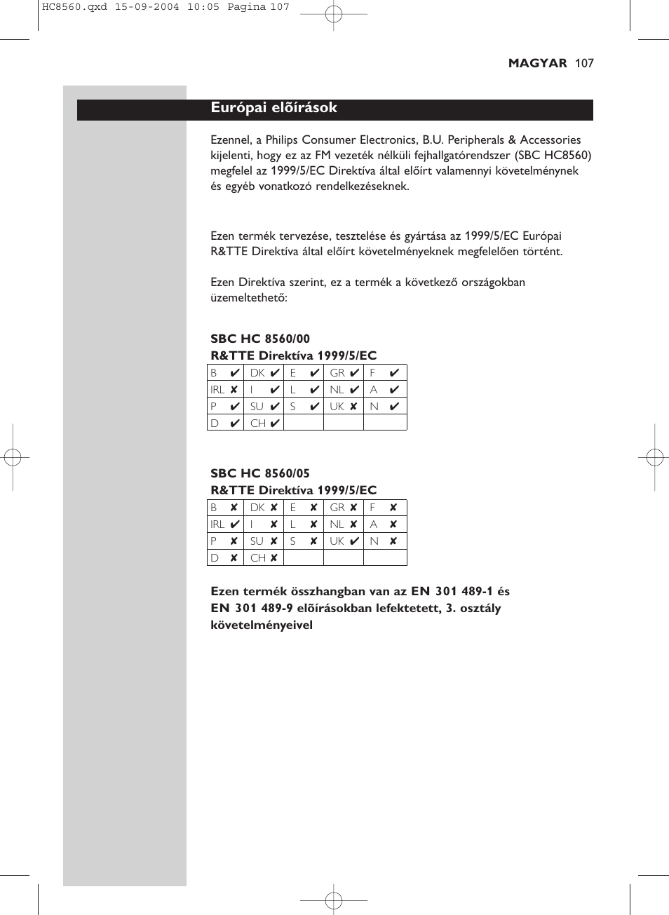 Európai elõírások | Philips HC 8560 User Manual | Page 107 / 142