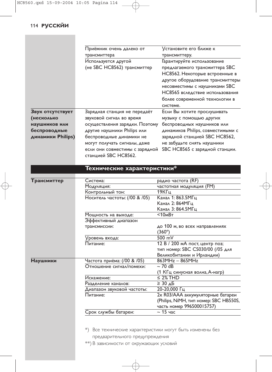 Теxнические xаpактеpистики | Philips HC 8560 User Manual | Page 114 / 142