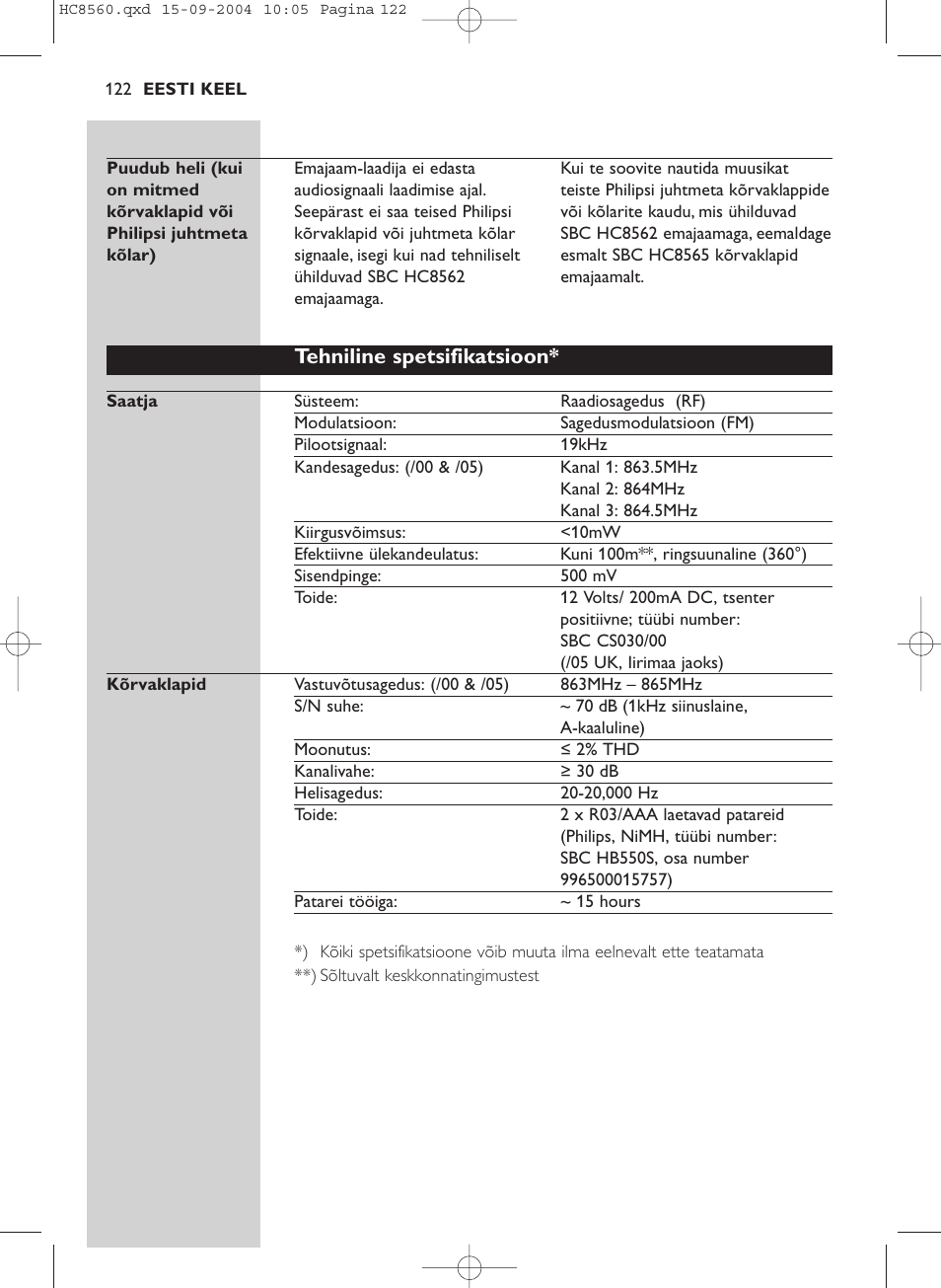 Tehniline spetsifikatsioon | Philips HC 8560 User Manual | Page 122 / 142