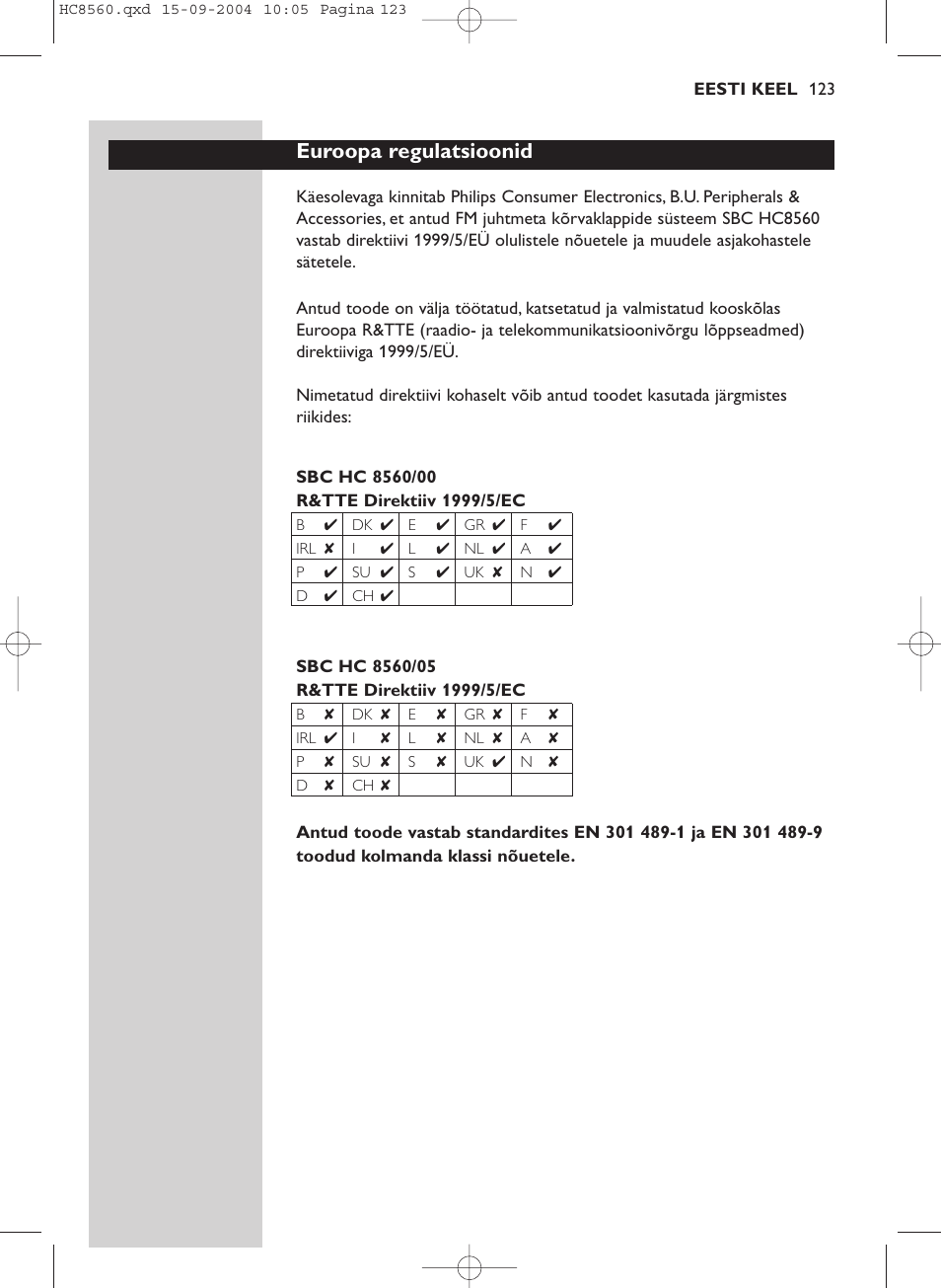 Euroopa regulatsioonid | Philips HC 8560 User Manual | Page 123 / 142