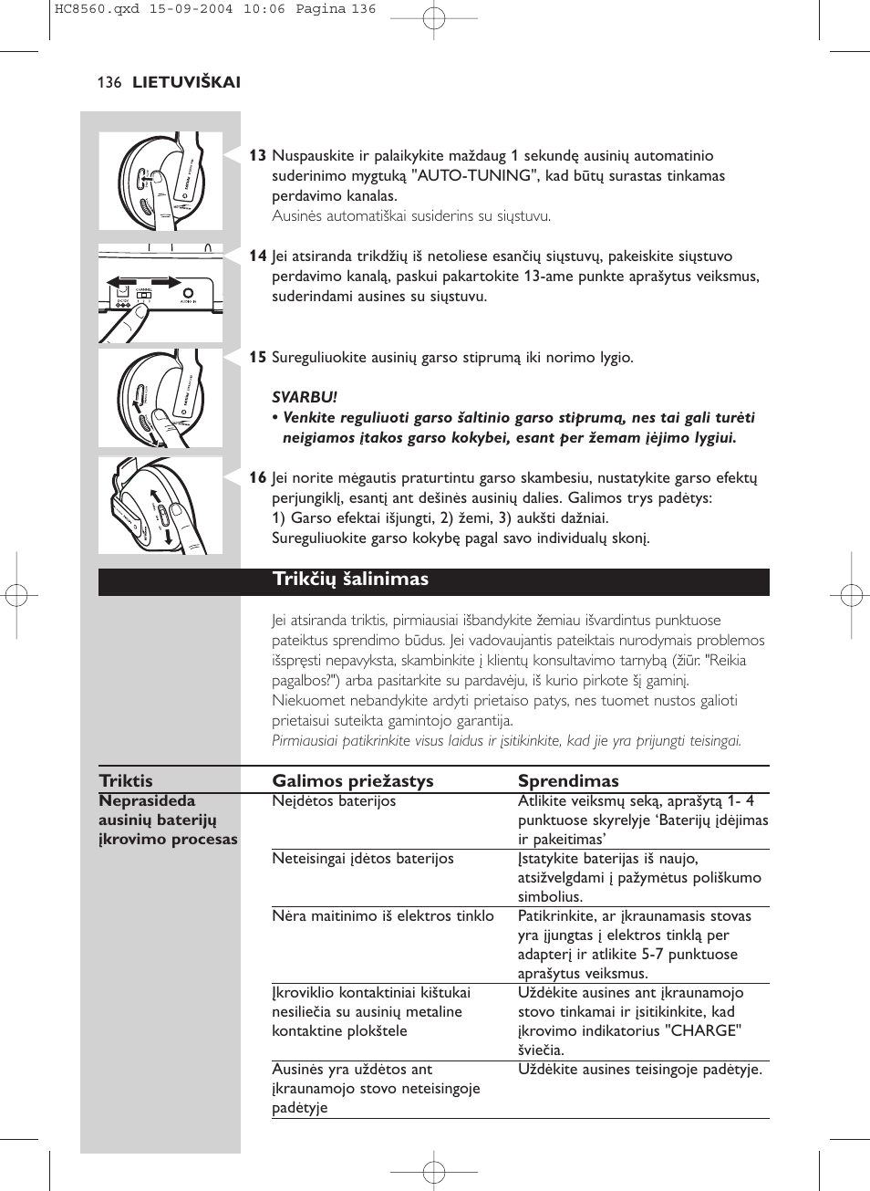 Trikčių šalinimas | Philips HC 8560 User Manual | Page 136 / 142