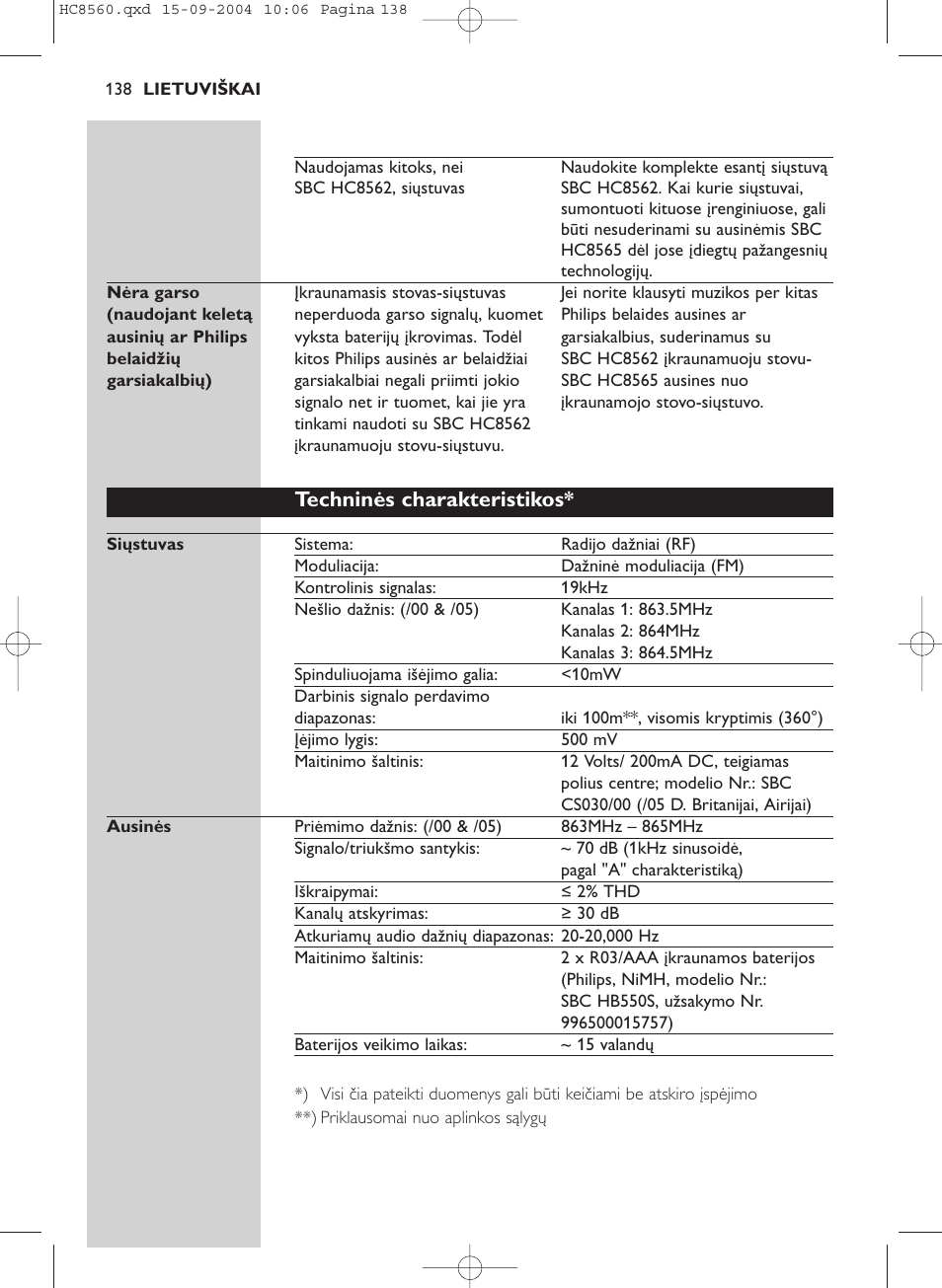 Techninės charakteristikos | Philips HC 8560 User Manual | Page 138 / 142