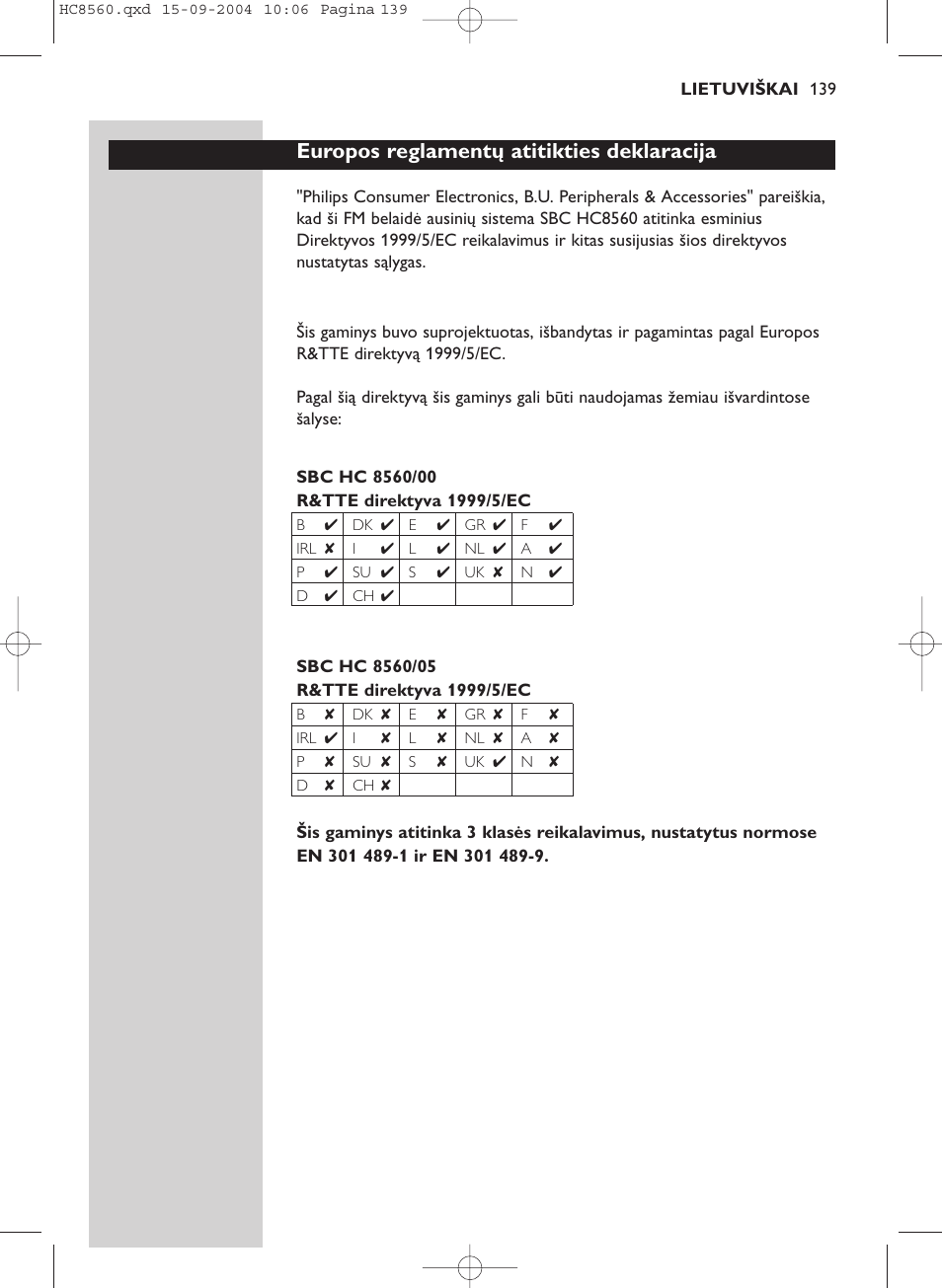 Europos reglamentų atitikties deklaracija | Philips HC 8560 User Manual | Page 139 / 142