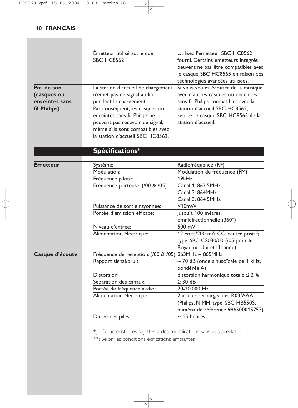 Spécifications | Philips HC 8560 User Manual | Page 18 / 142