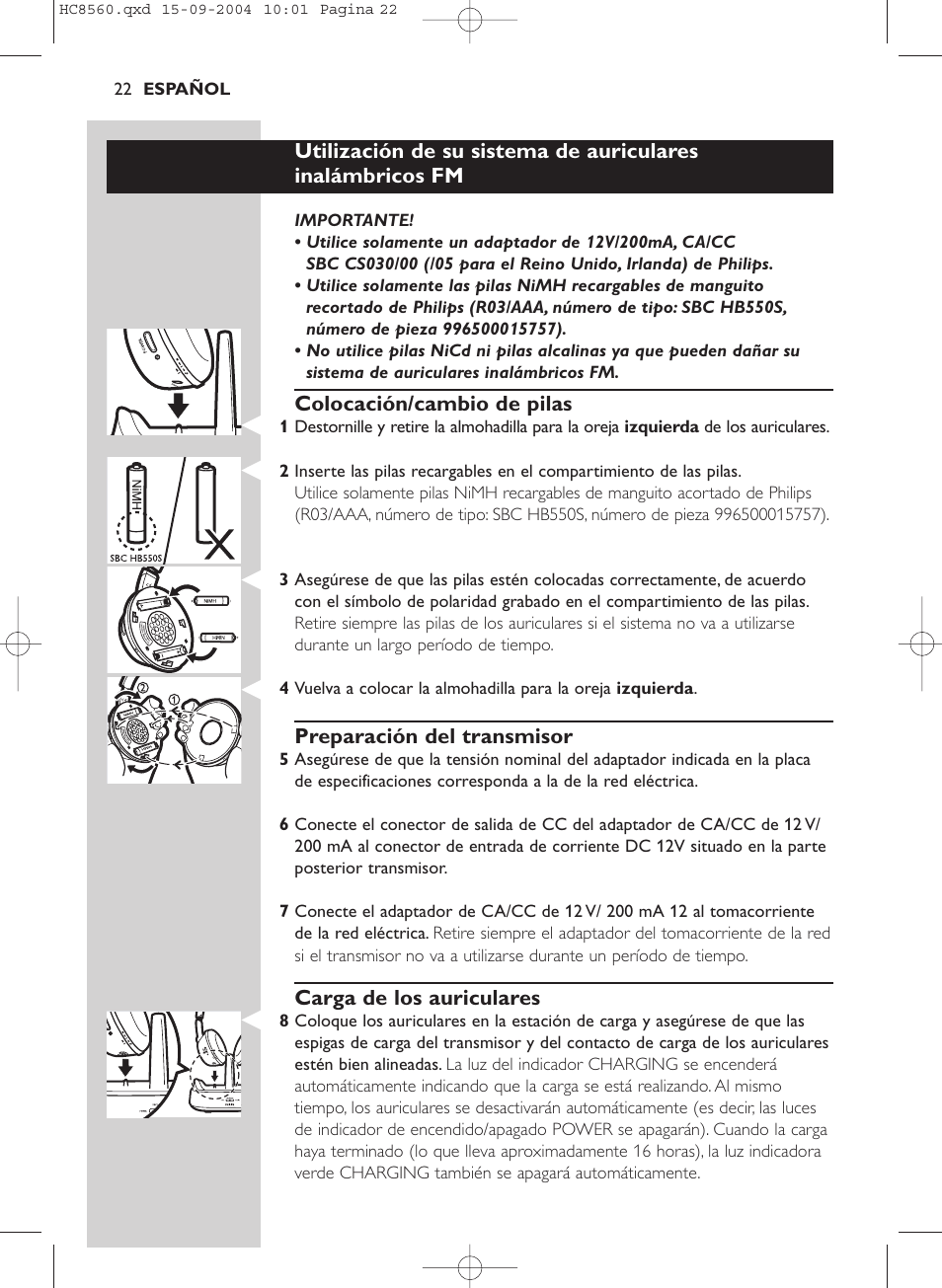 Colocación/cambio de pilas, Preparación del transmisor, Carga de los auriculares | Philips HC 8560 User Manual | Page 22 / 142