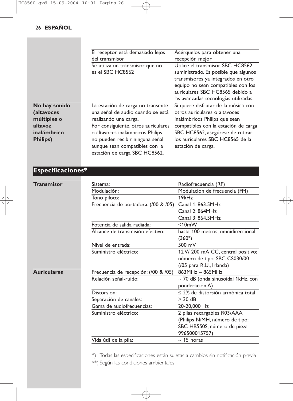 Especificaciones | Philips HC 8560 User Manual | Page 26 / 142