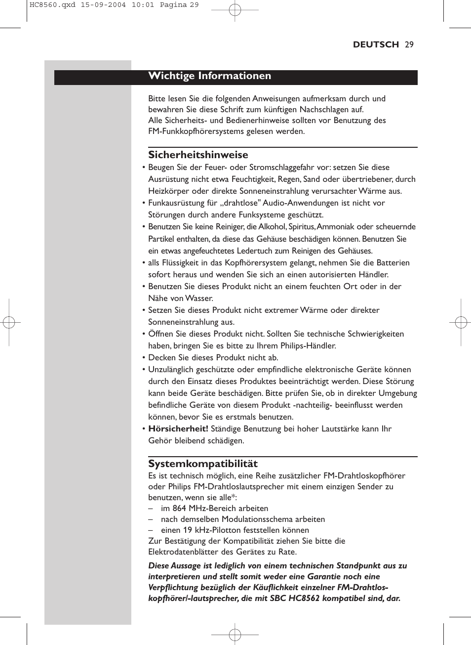 Wichtige informationen, Sicherheitshinweise, Systemkompatibilität | Philips HC 8560 User Manual | Page 29 / 142