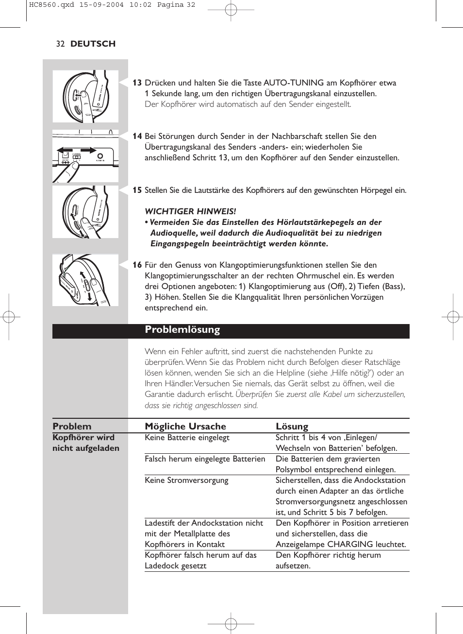 Problemlösung | Philips HC 8560 User Manual | Page 32 / 142