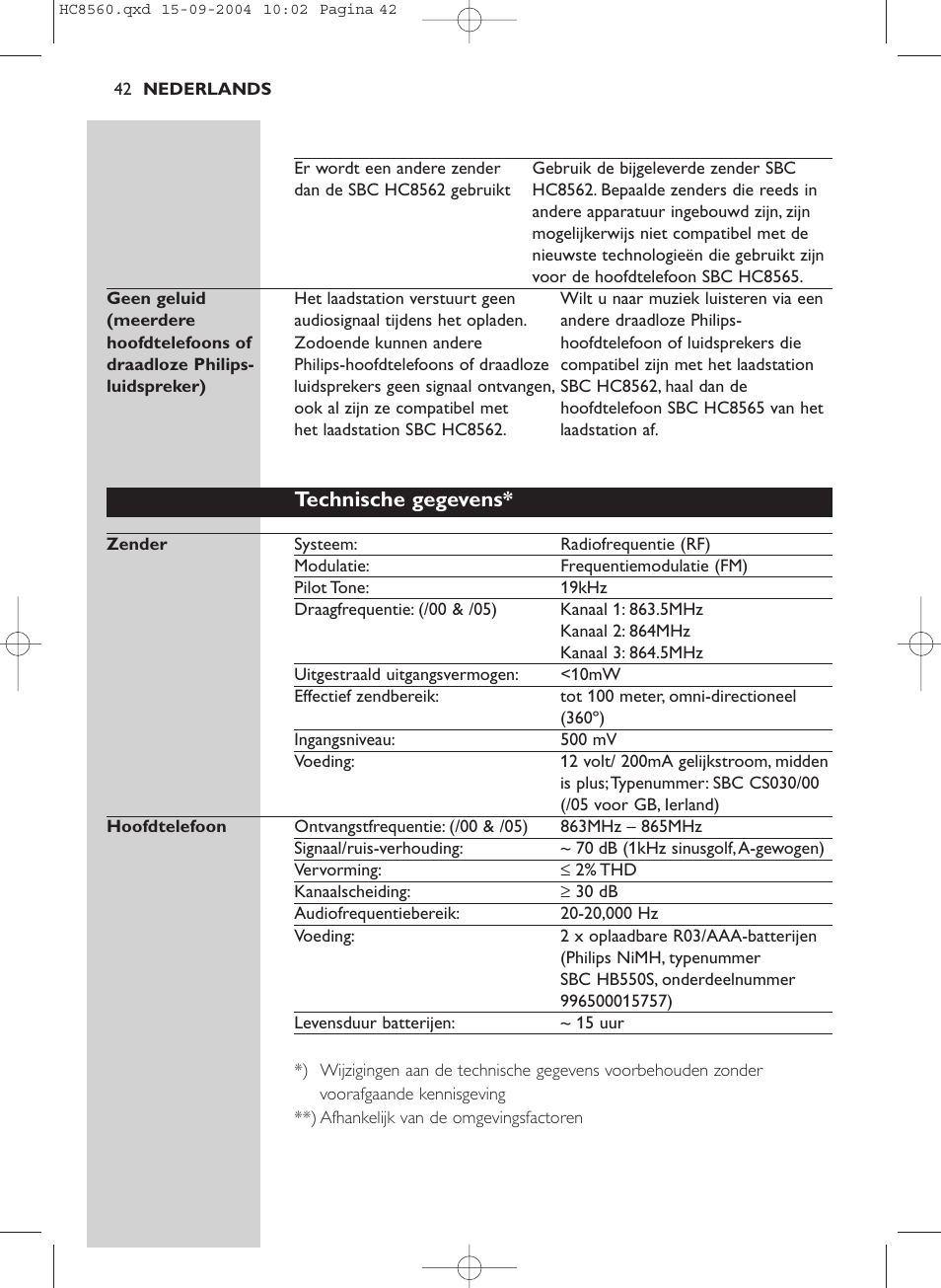 Technische gegevens | Philips HC 8560 User Manual | Page 42 / 142