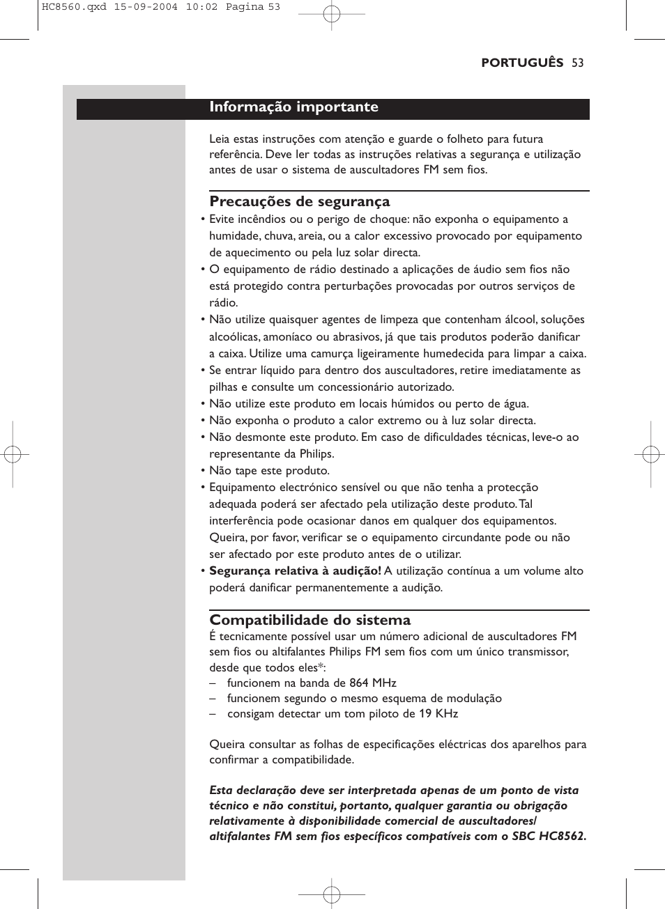 Informação importante, Precauções de segurança, Compatibilidade do sistema | Philips HC 8560 User Manual | Page 53 / 142