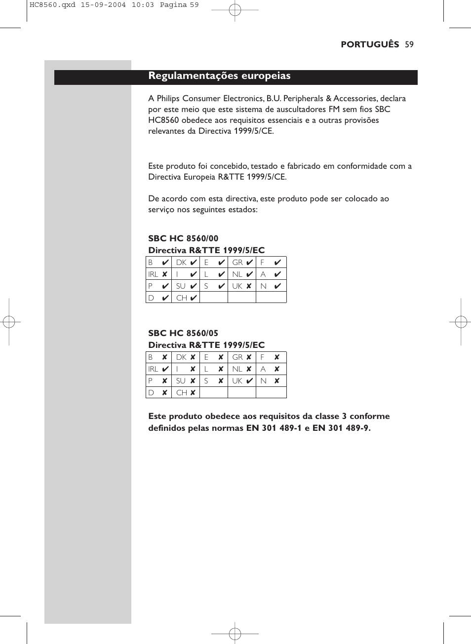 Regulamentações europeias | Philips HC 8560 User Manual | Page 59 / 142