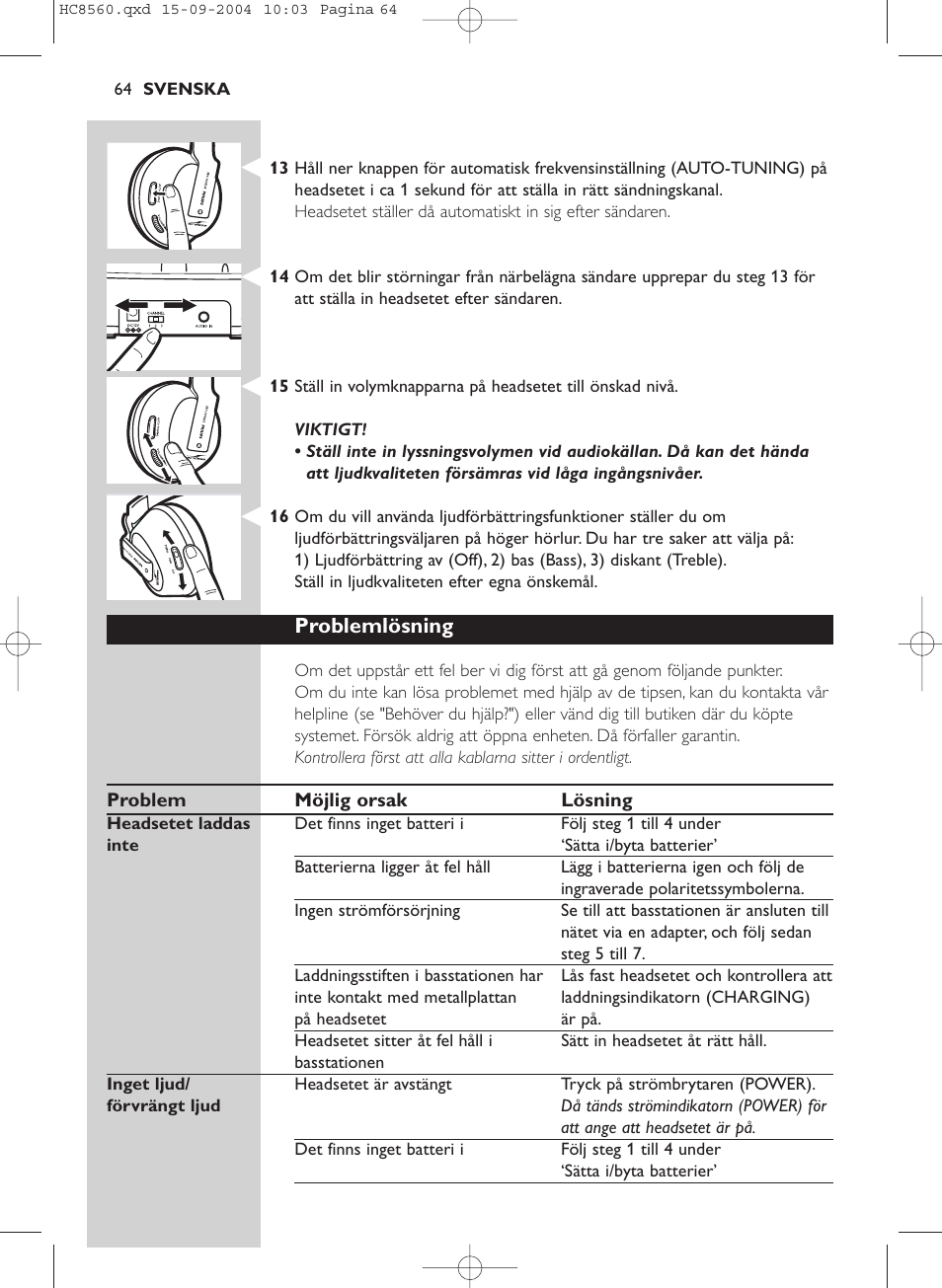 Problemlösning | Philips HC 8560 User Manual | Page 64 / 142