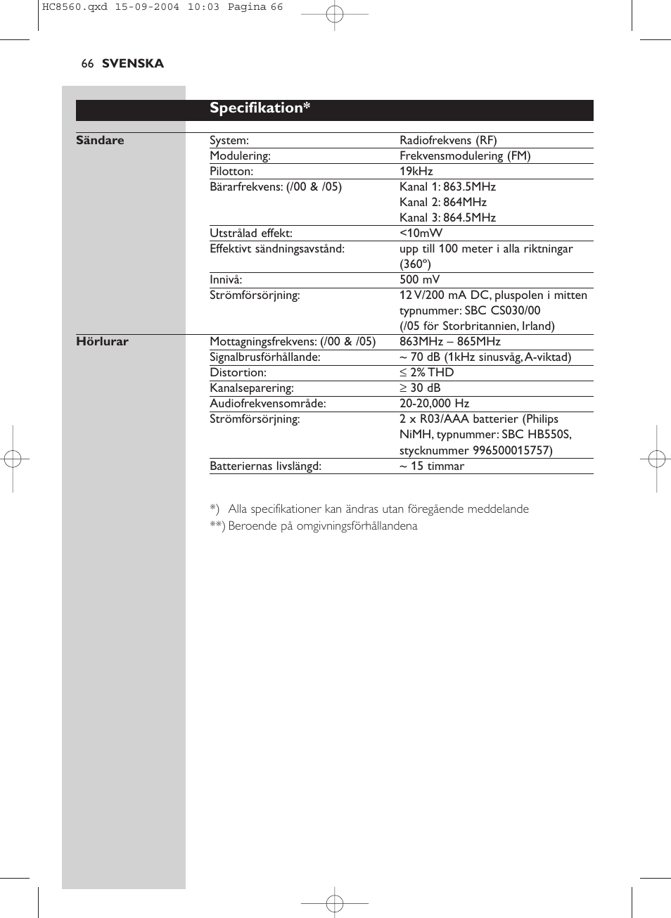 Specifikation | Philips HC 8560 User Manual | Page 66 / 142