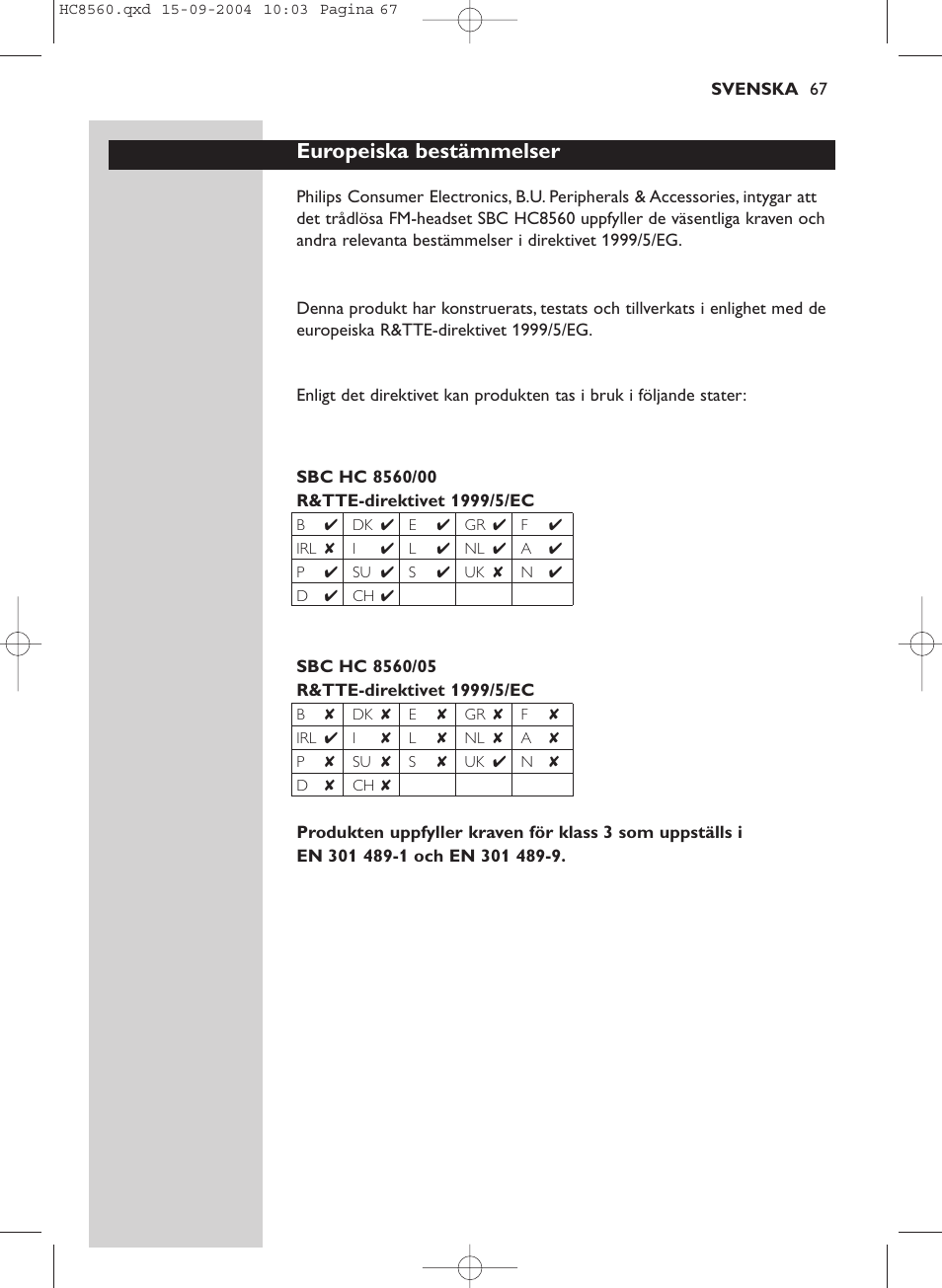 Europeiska bestämmelser | Philips HC 8560 User Manual | Page 67 / 142