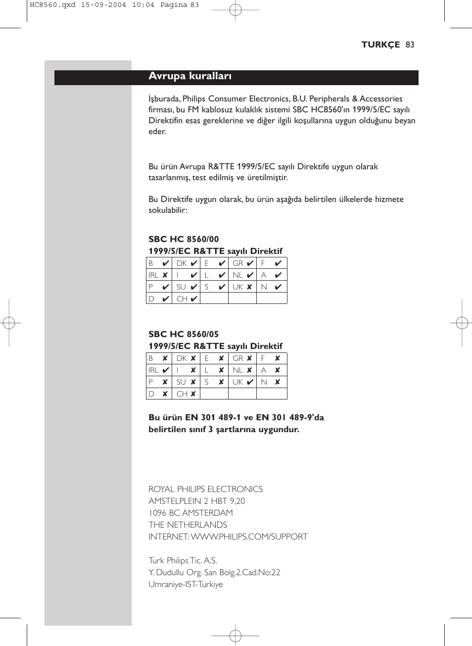 Avrupa kuralları | Philips HC 8560 User Manual | Page 83 / 142