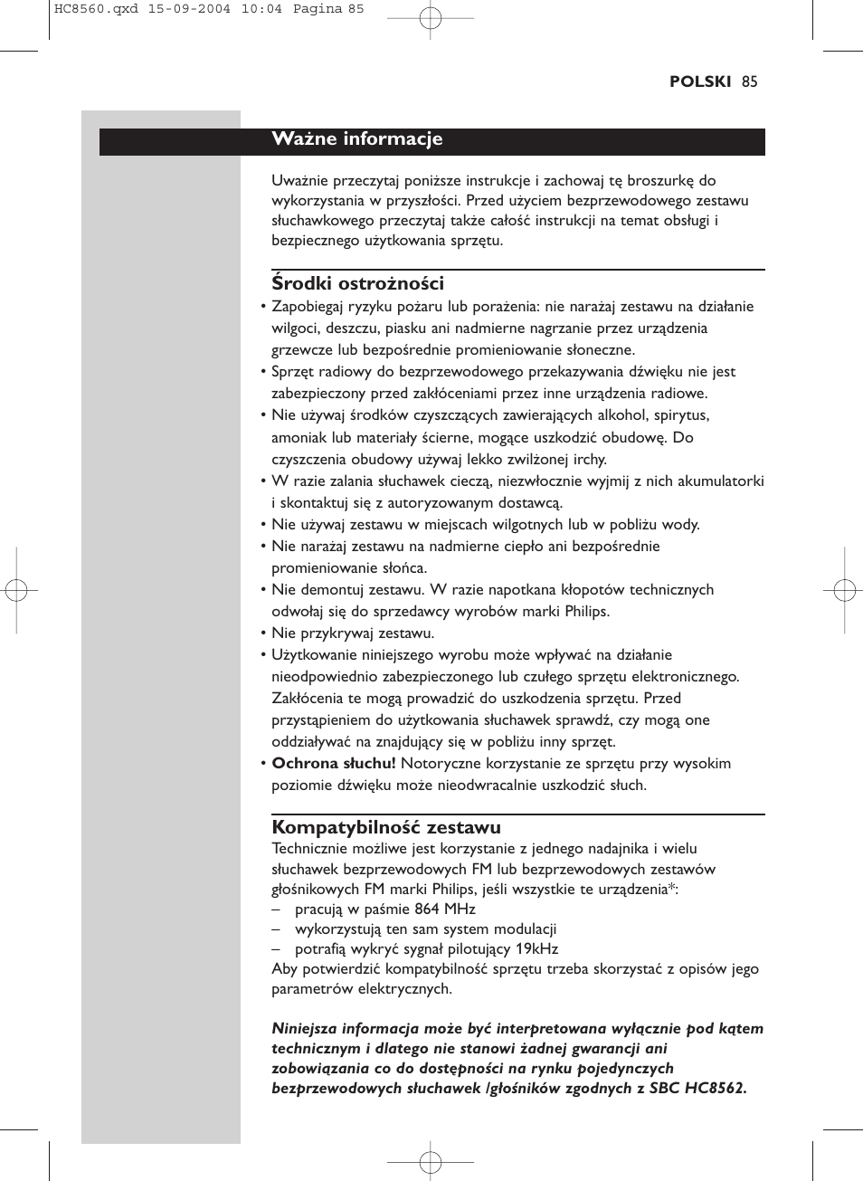 Ważne informacje, Środki ostrożności, Kompatybilność zestawu | Philips HC 8560 User Manual | Page 85 / 142
